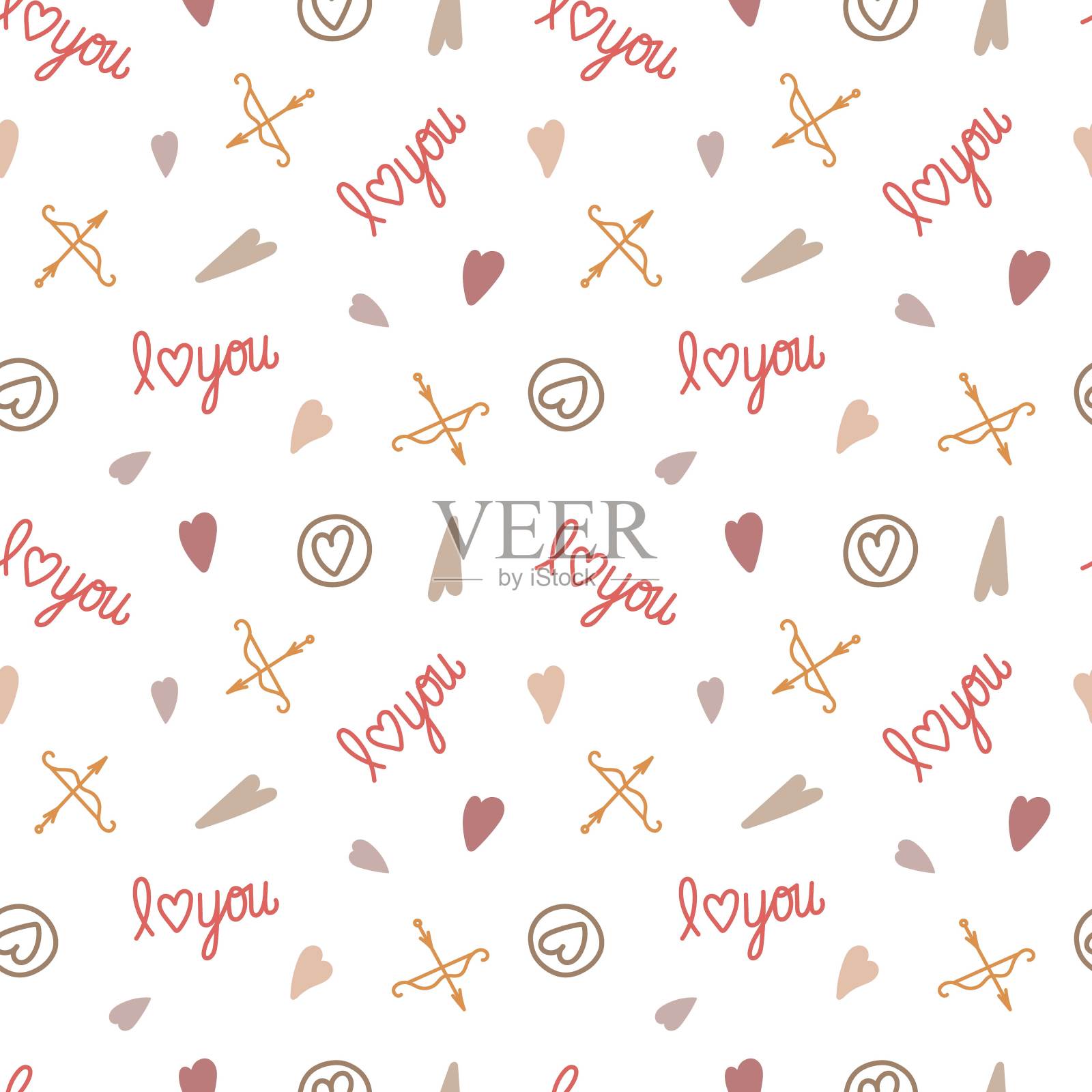 波西米亚风格的心，弓和箭无缝图案简单矢量插图在流行的柔和的颜色，重复装饰符号的爱，情人节收集制作卡片，纺织品，礼品纸插画图片素材