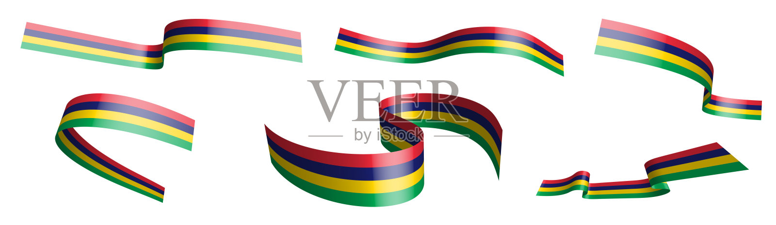 一套节日彩带。毛里求斯的旗帜在风中飘扬。分成下层和上层。设计元素。白色背景向量插画图片素材