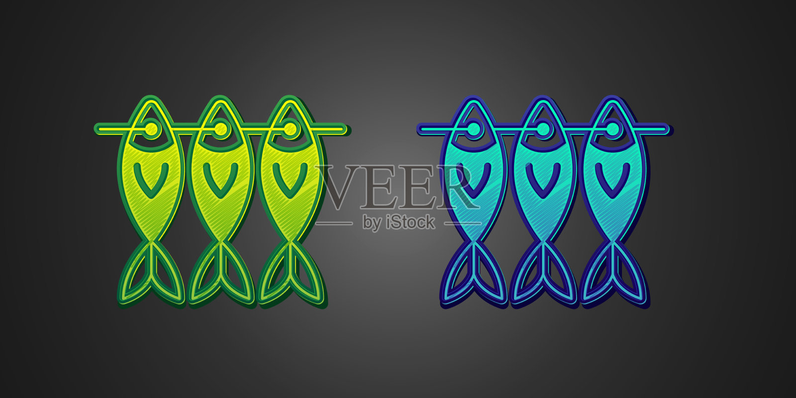 绿色和蓝色的干鱼图标孤立在黑色上插画图片素材