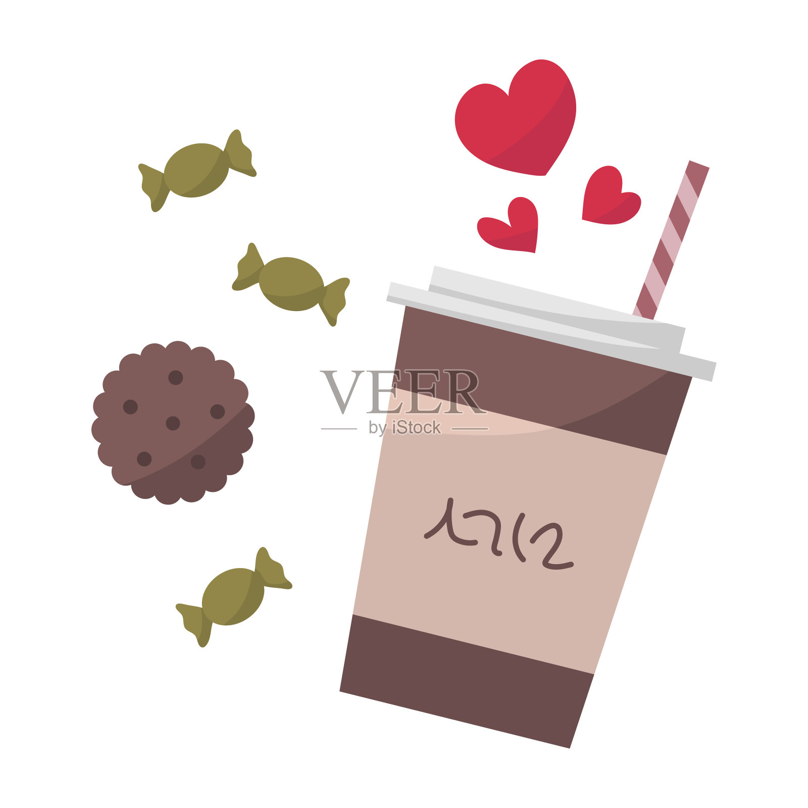 一杯咖啡，巧克力饼干和几块糖果插画图片素材