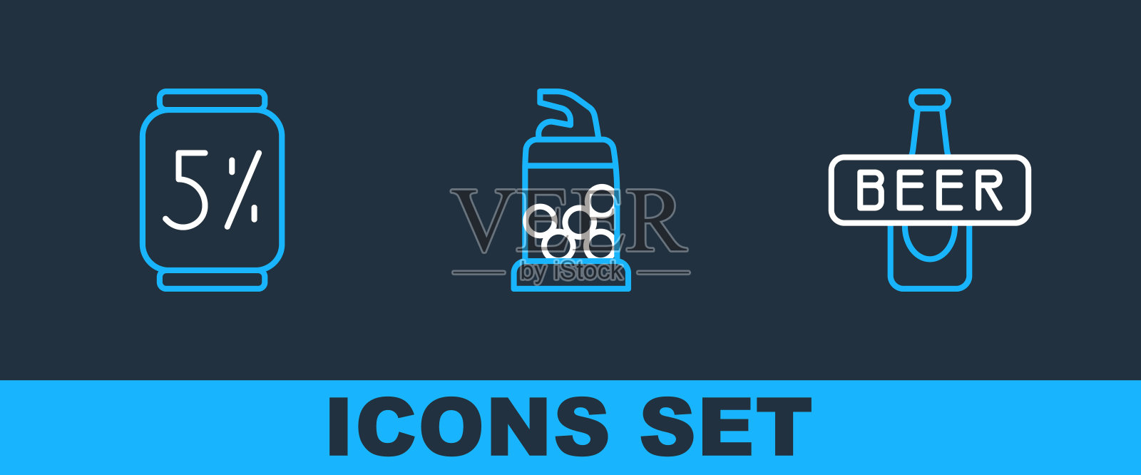 设置线啤酒瓶，罐头和开瓶器图标。向量图标素材