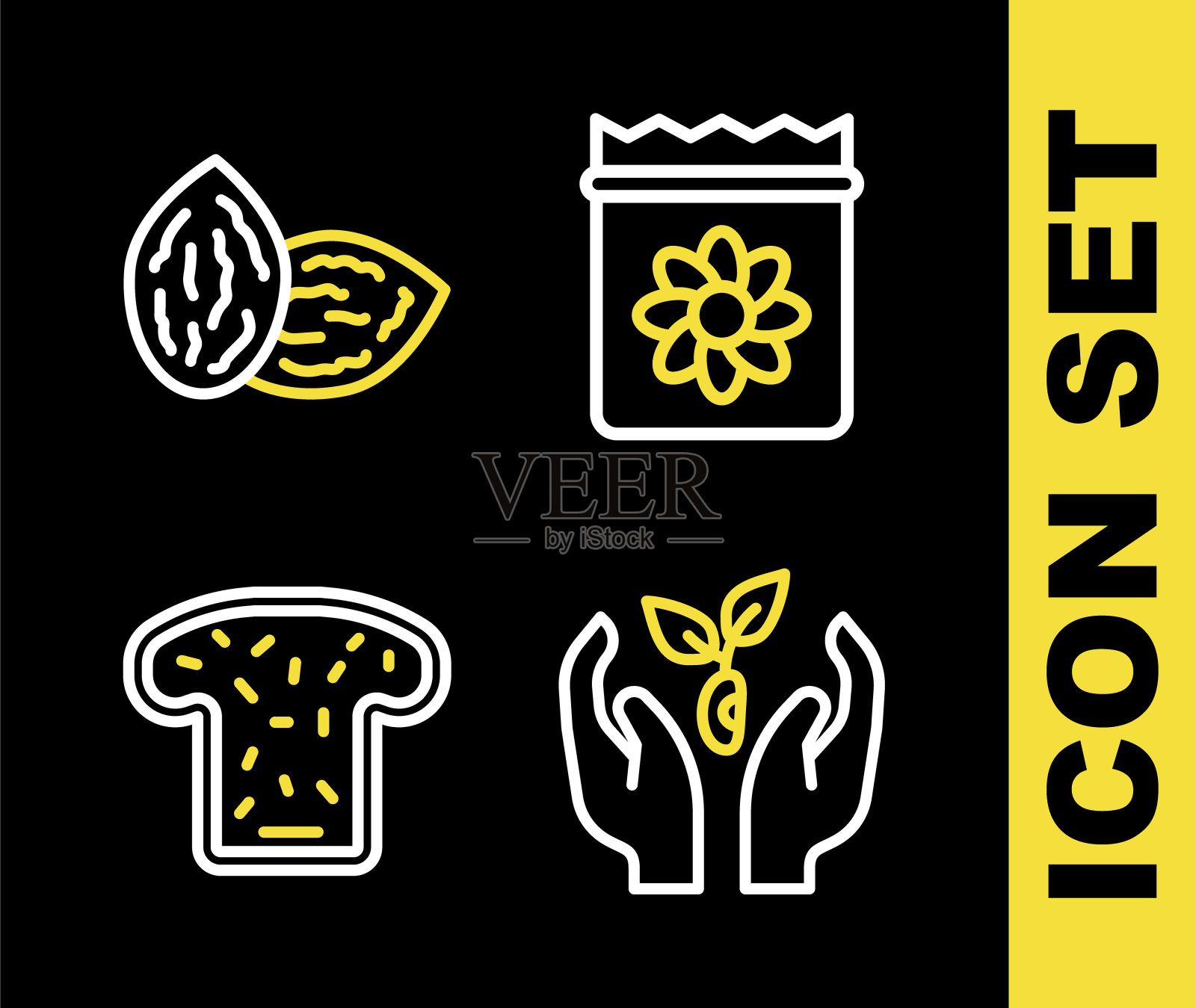 包装充满种子的植物，在手中的植物，面包吐司和种子图标。向量图标素材