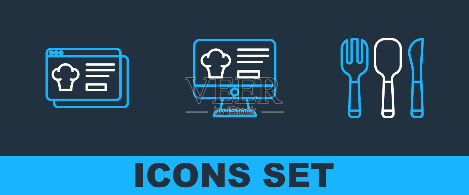 设置线叉，匙和刀，在线订购配送和图标。向量图标素材