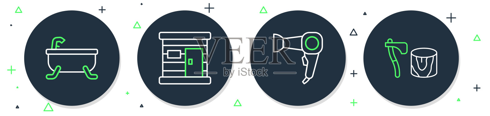 在树桩图标设置线桑拿木制浴室，吹风机，浴缸和木斧。向量图标素材