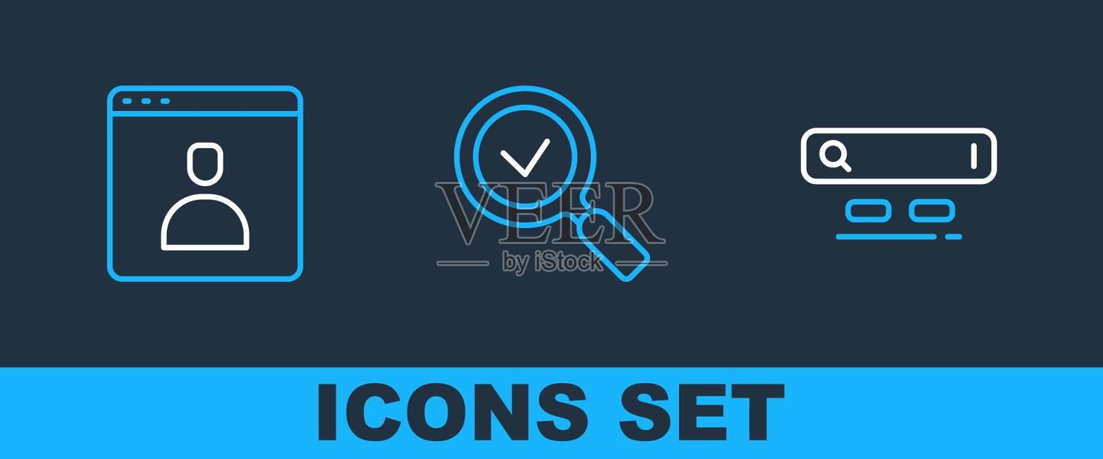 设置行搜索引擎，创建帐户屏幕和放大镜与检查标志图标。向量图标素材