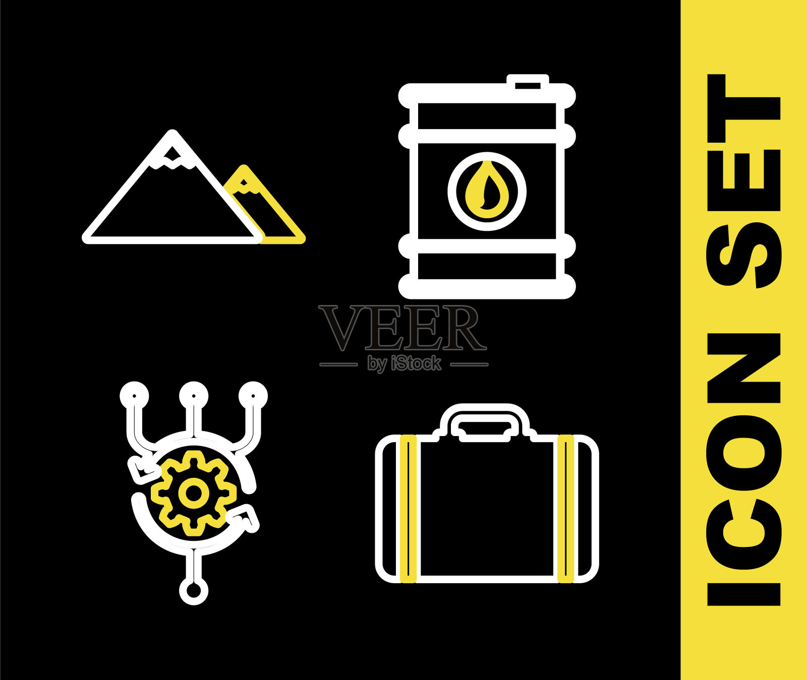 设置线桶油，旅行箱，算法和山脉图标。向量图标素材