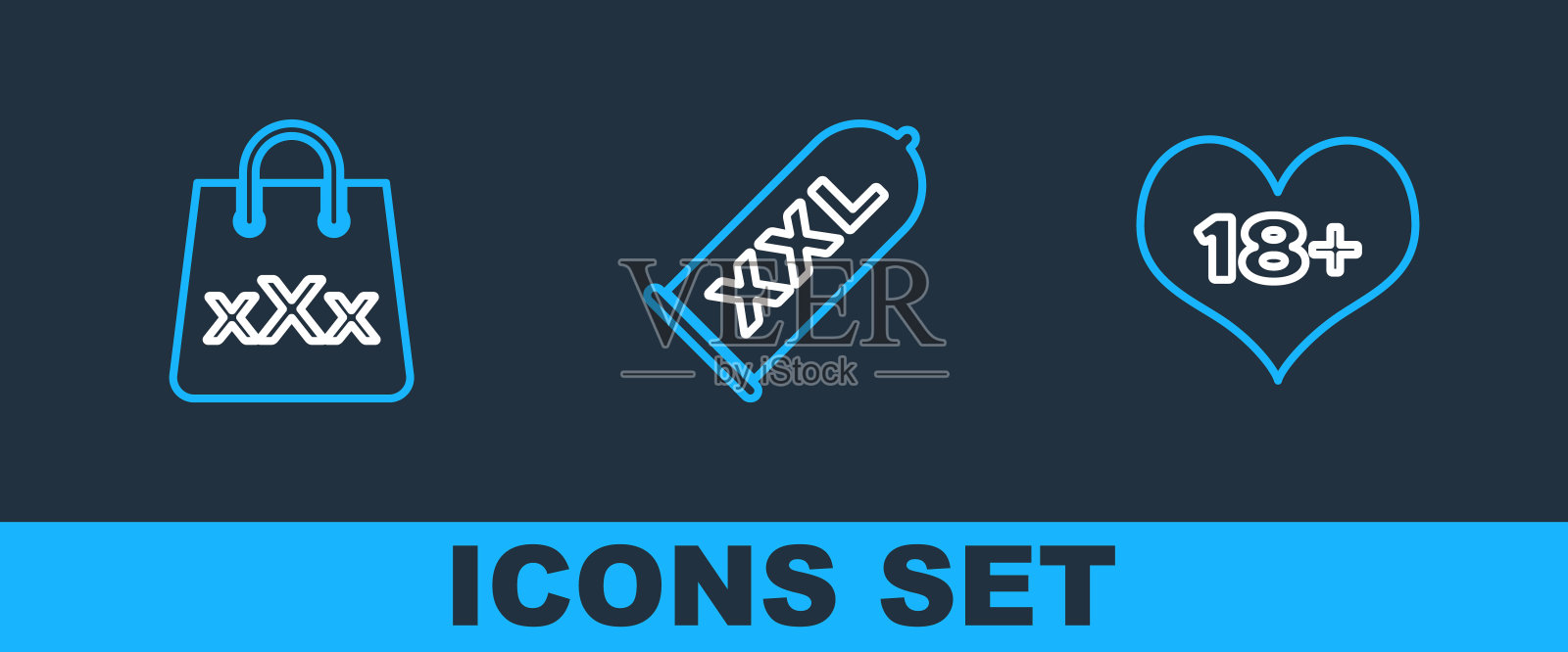 Set line 18 plus content heart, Shopping bag with triple X and Condom safe sex icon。向量图标素材