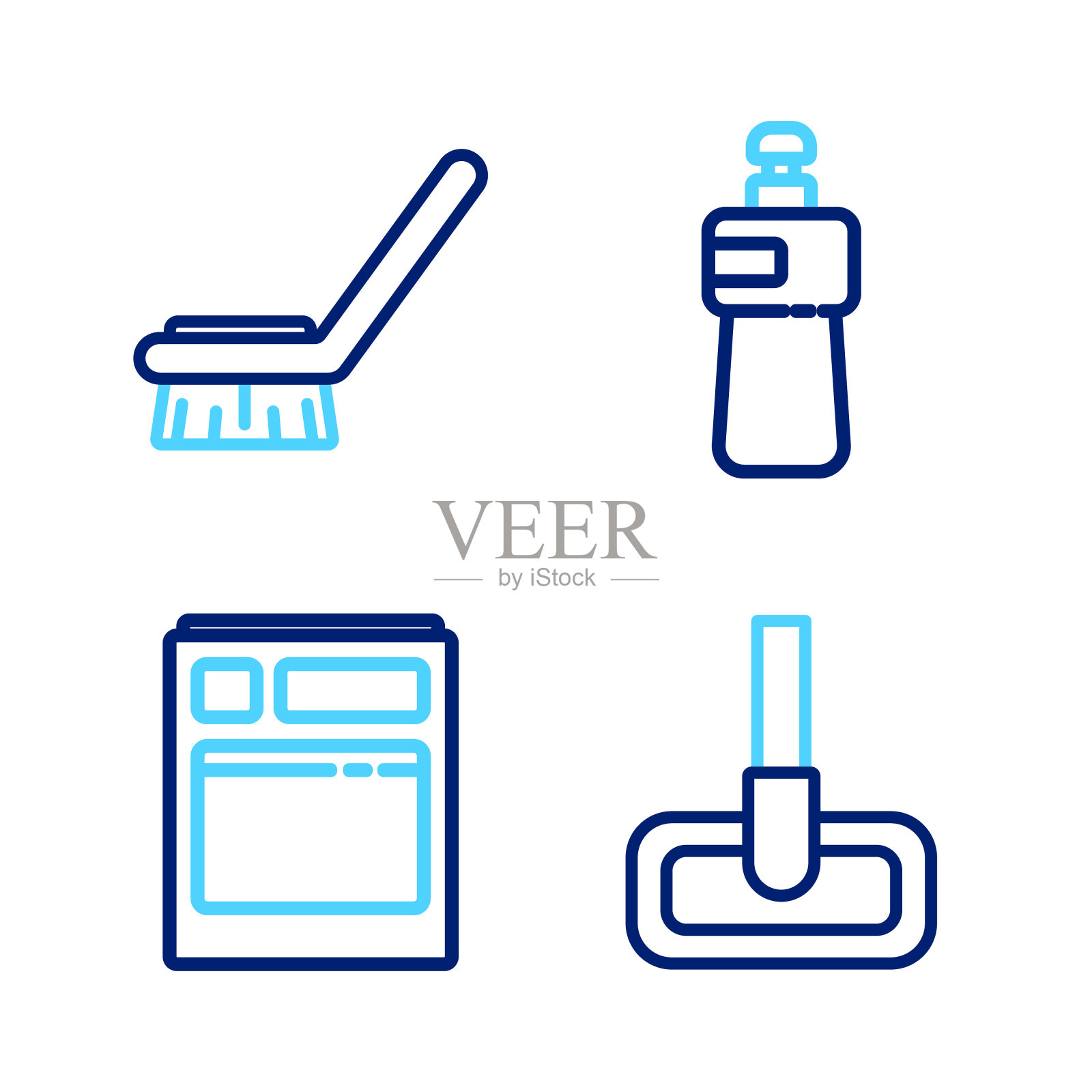 设置线拖把，厨房洗碗机，洗碗液瓶和刷清洁图标。向量插画图片素材