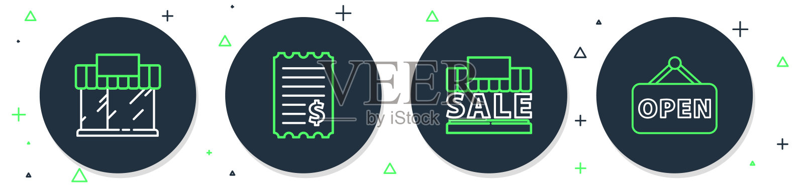 设置线纸检查和财务检查，购物大楼销售，或市场商店和悬挂标志与开放图标。向量插画图片素材