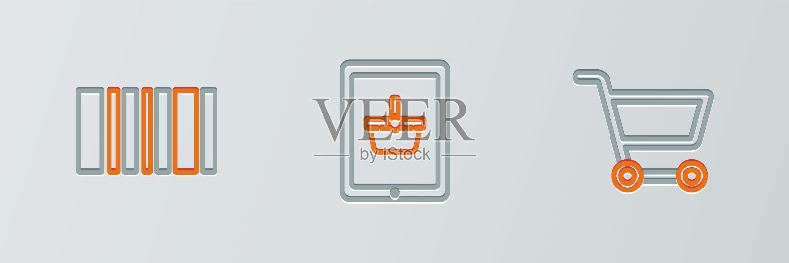 在平板电脑图标上设置购物车、条形码和购物篮。向量图标素材