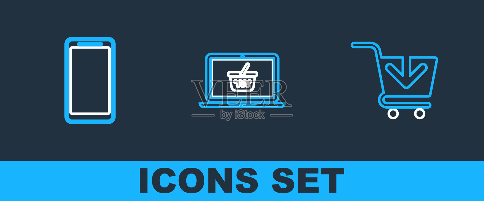 设置线路添加到购物车，智能手机，手机和篮子笔记本电脑图标。向量图标素材