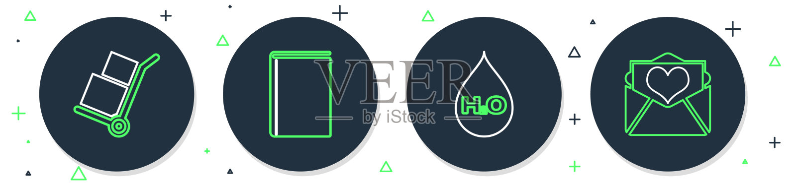 设置线书，水滴与水，手卡车和盒子和信封情人心的图标。向量插画图片素材