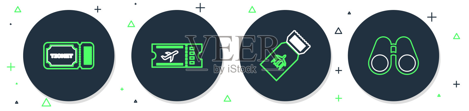 设置航线机票，机票和望远镜图标。向量图标素材