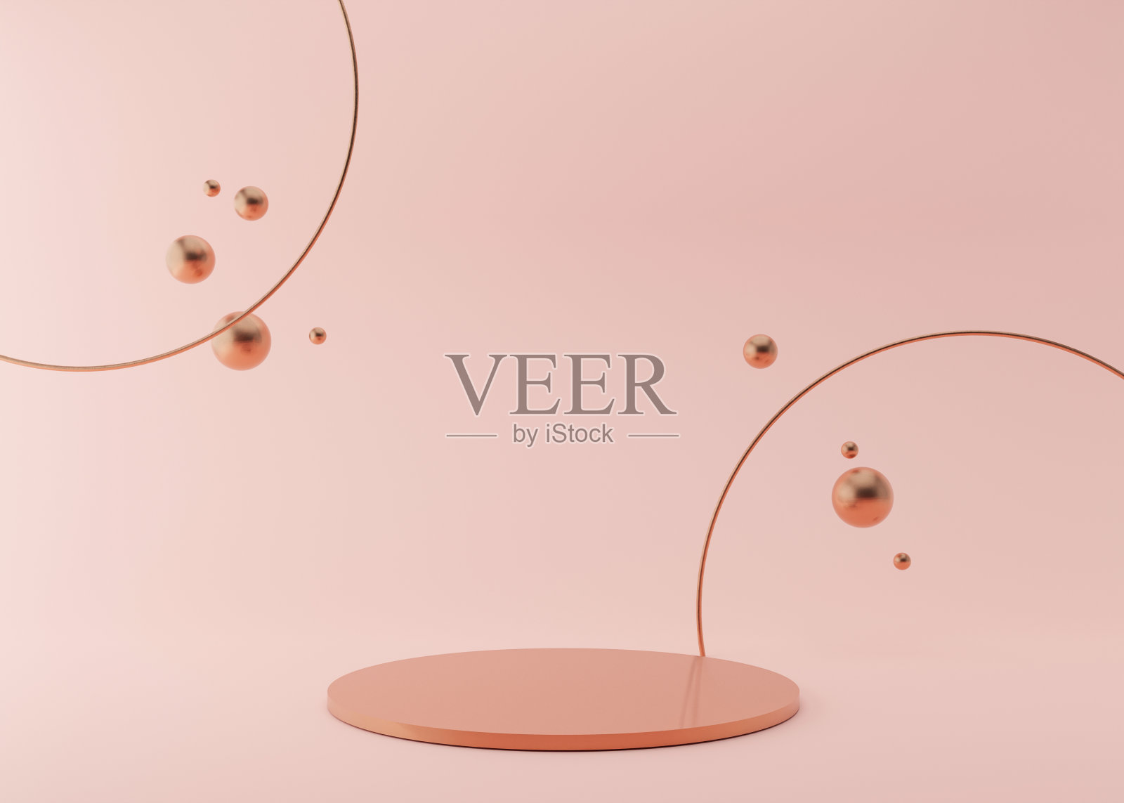 讲台与铜环和飞行，有光泽的金属三维球在粉红色的背景。优雅的产品、化妆品展示平台。模拟。美容产品的底座或平台。3 d渲染。照片摄影图片