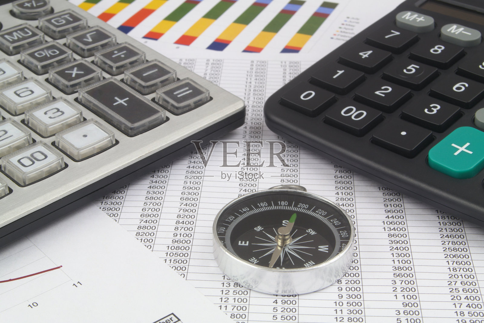 财务文件的计算器和指南针。照片摄影图片