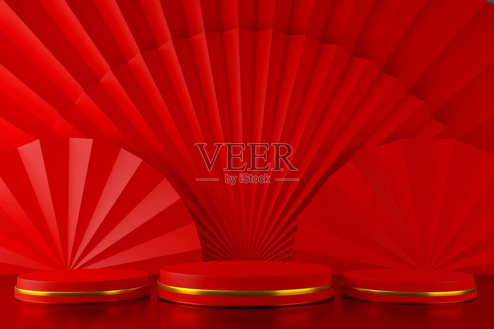 红色圆形讲台舞台与纸艺扇子中国风格背景为春节概念，3D渲染。照片摄影图片