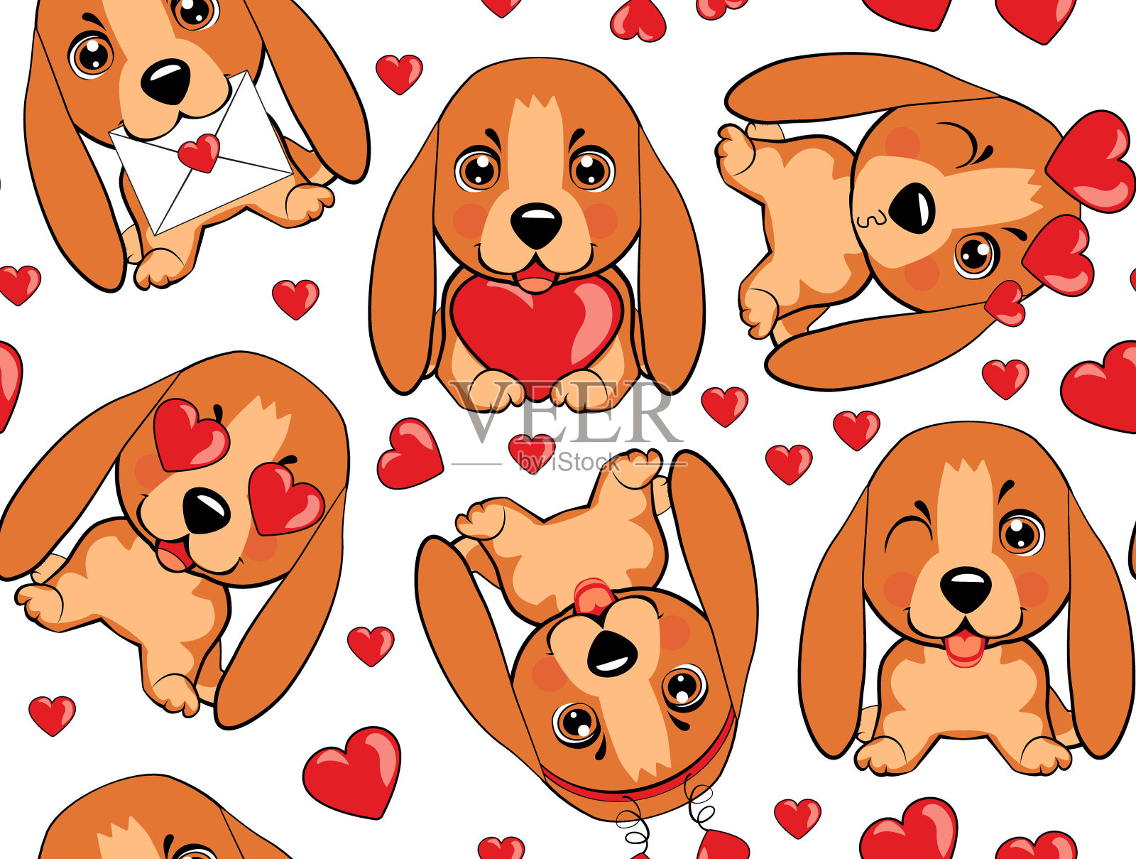 白色背景上的小棕狗红心图案。插画图片素材