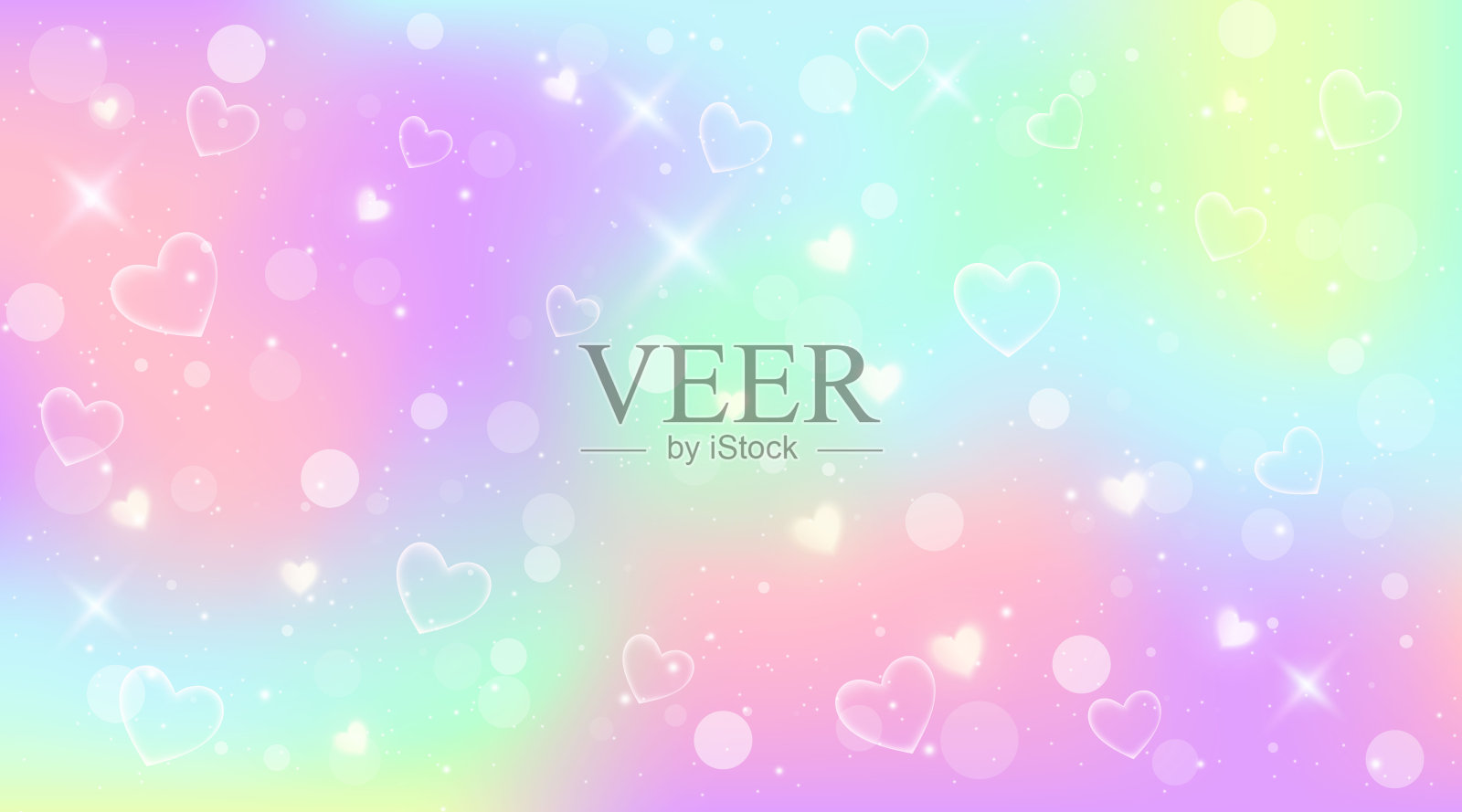 彩虹幻想背景。彩色蜡笔的全息插图。可爱的卡通少女背景。明亮的五彩天空与散景和心。向量。插画图片素材