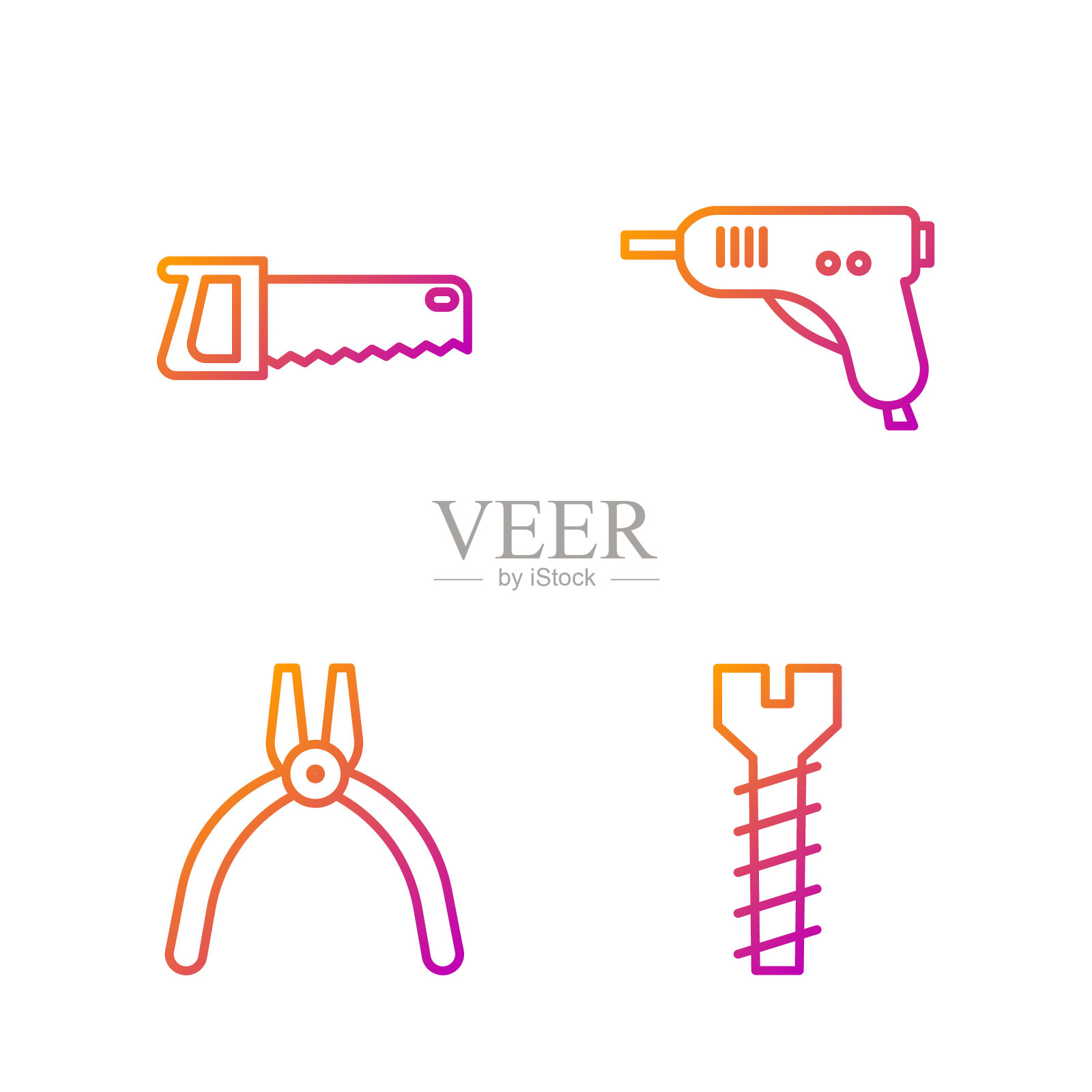金属螺丝、钳子工具、手锯、电热胶枪。渐变颜色图标。向量插画图片素材