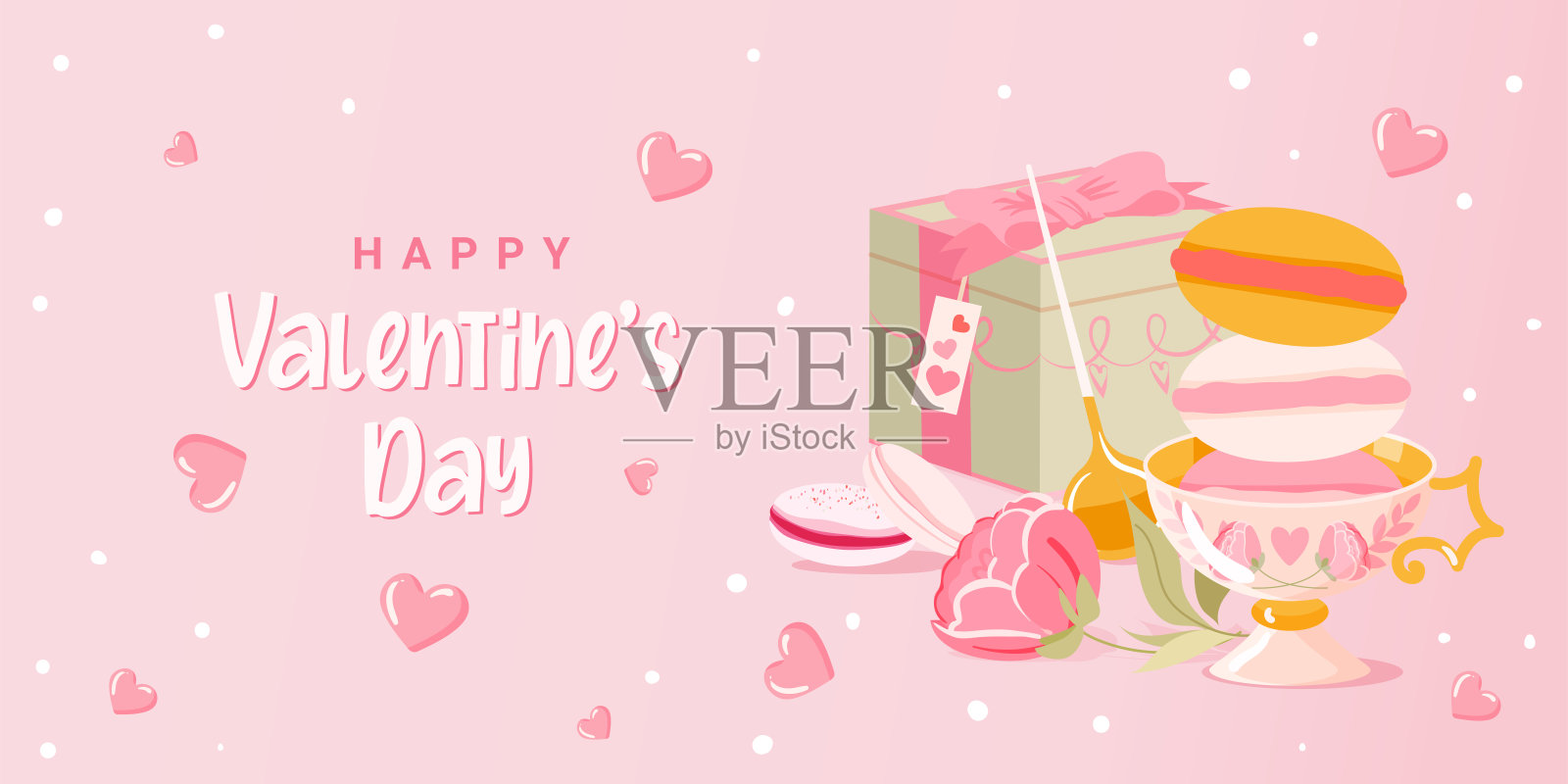 情人节矢量海报或横幅甜的礼物，杏仁饼干和可爱的项目在粉红色的背景。促销和购物模板或背景的爱和情人节的概念。平风格说明插画图片素材