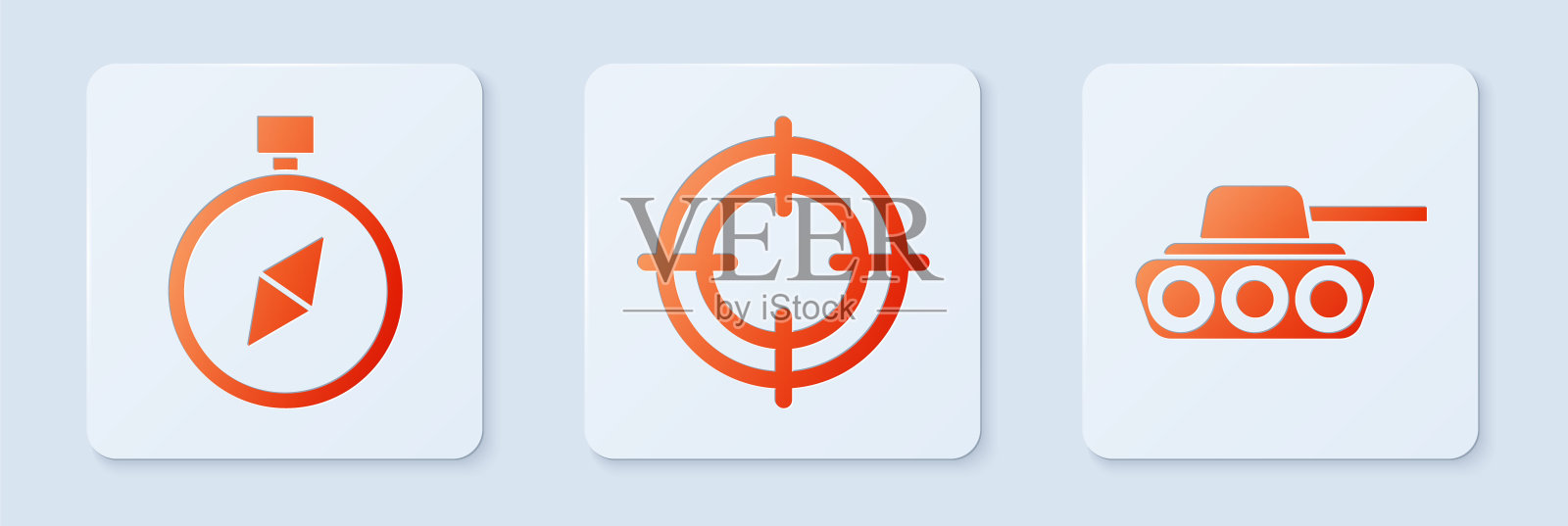 设置目标运动，指南针和军事坦克。白色正方形按钮。向量设计元素图片