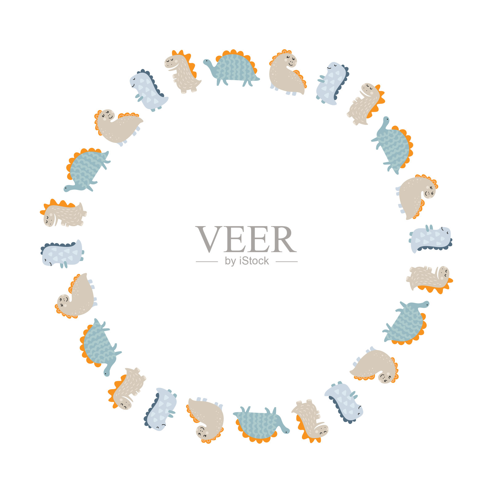 圆形矢量框架花环与恐龙和手写恐龙与地方为您的婴儿文本在白色背景。贺卡，海报设计斯堪的纳维亚元素插画图片素材