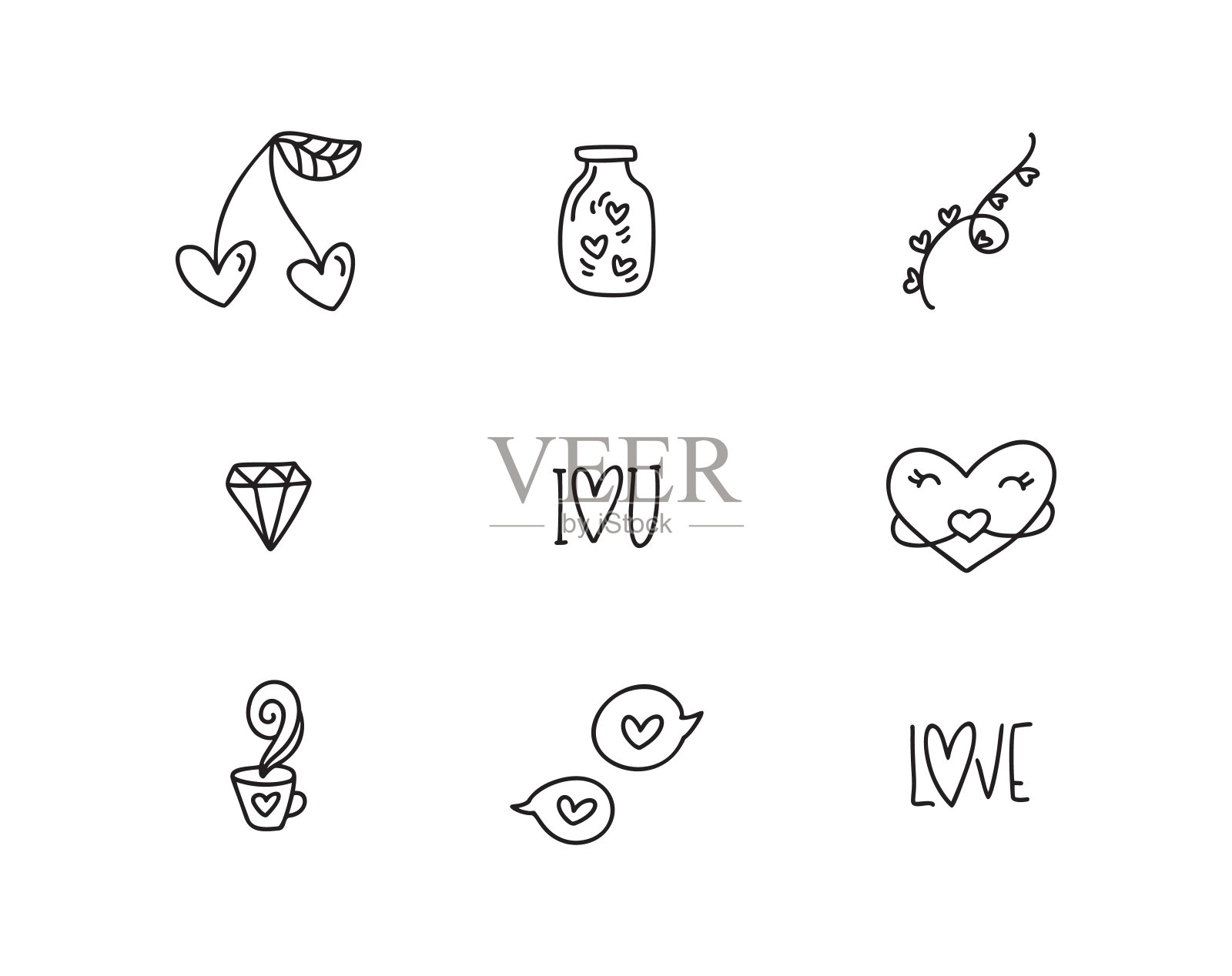 一套不同的涂鸦元素为婚礼，情人节和吻日设计图标。手绘单线艺术漫画矢量插图。浪漫元素图标素材