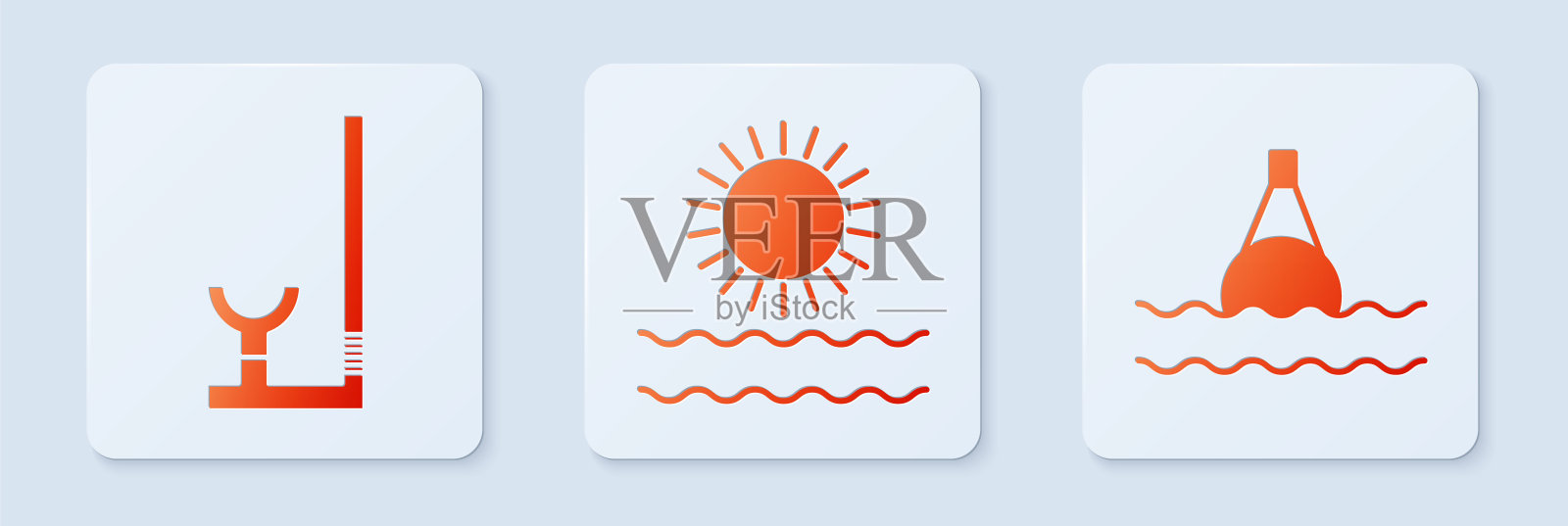 日落和海浪，浮潜和浮筒在海上。白色正方形按钮。向量插画图片素材