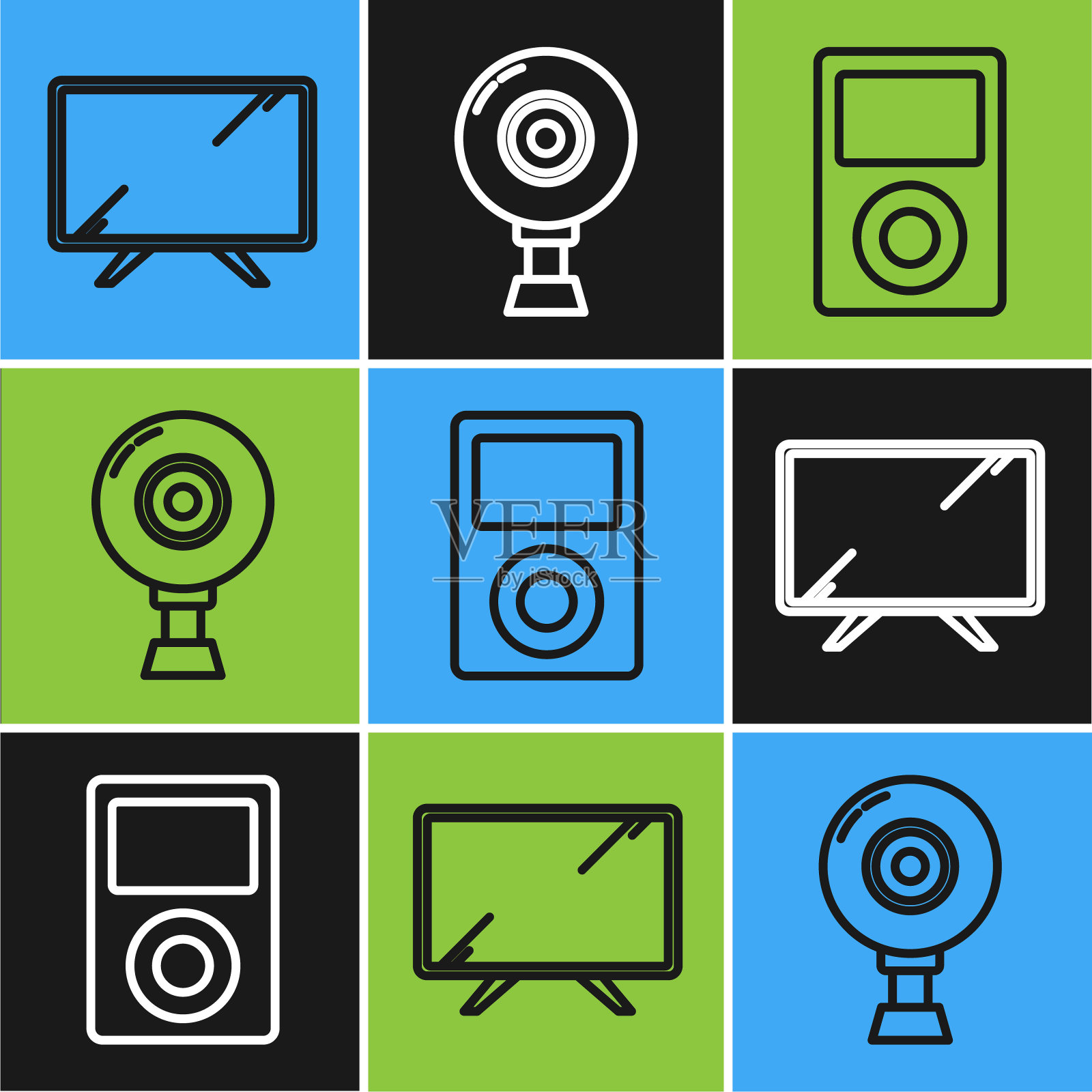 设置线智能电视，音乐播放器和网络相机图标。向量图标素材