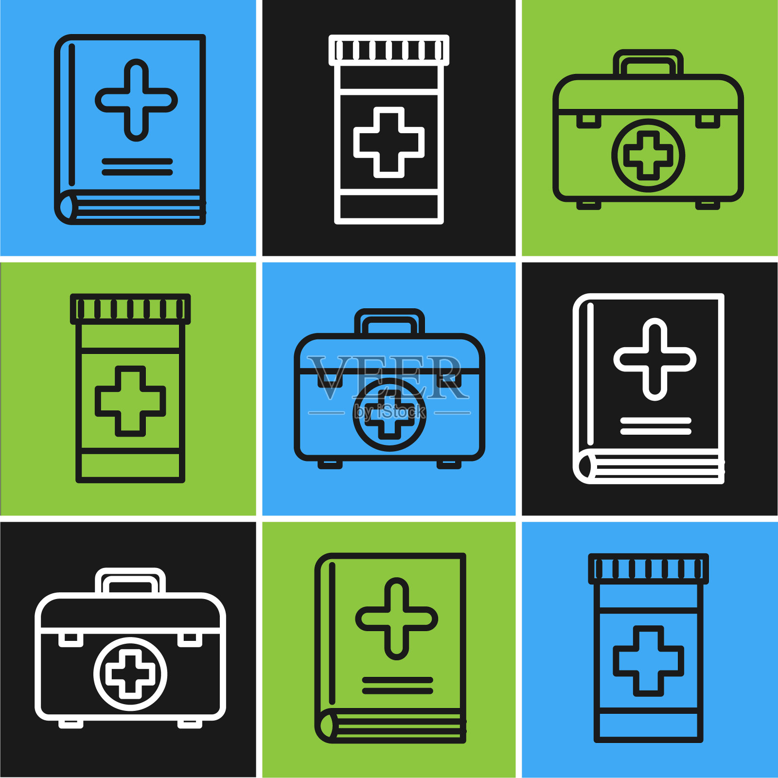 设置行医疗书，急救箱和药瓶图标。向量插画图片素材