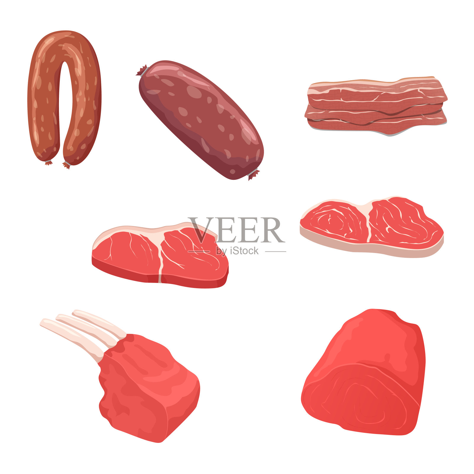 平面设计肉制品图标集。插画图片素材