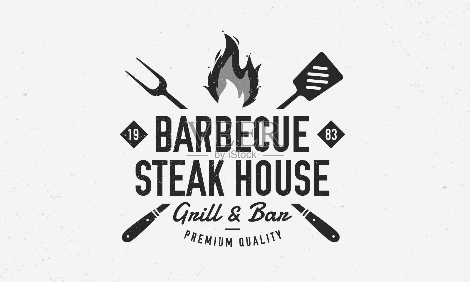 烧烤图标。牛排馆图标，海报模板与烧烤叉，抹刀和火焰。烧烤海报设计餐厅，牛排屋。矢量图插画图片素材
