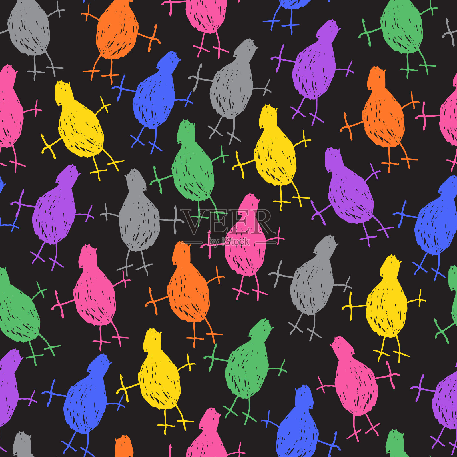 矢量追踪有趣的鸡鸟在一个黑色背景上的迷幻色无缝图案插画图片素材