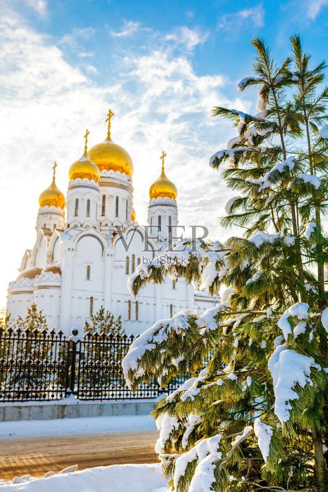 在一个阳光明媚的冬日里，俄罗斯的托里亚提，在白雪覆盖的冷杉树下拍摄的美丽的东正教教堂照片摄影图片