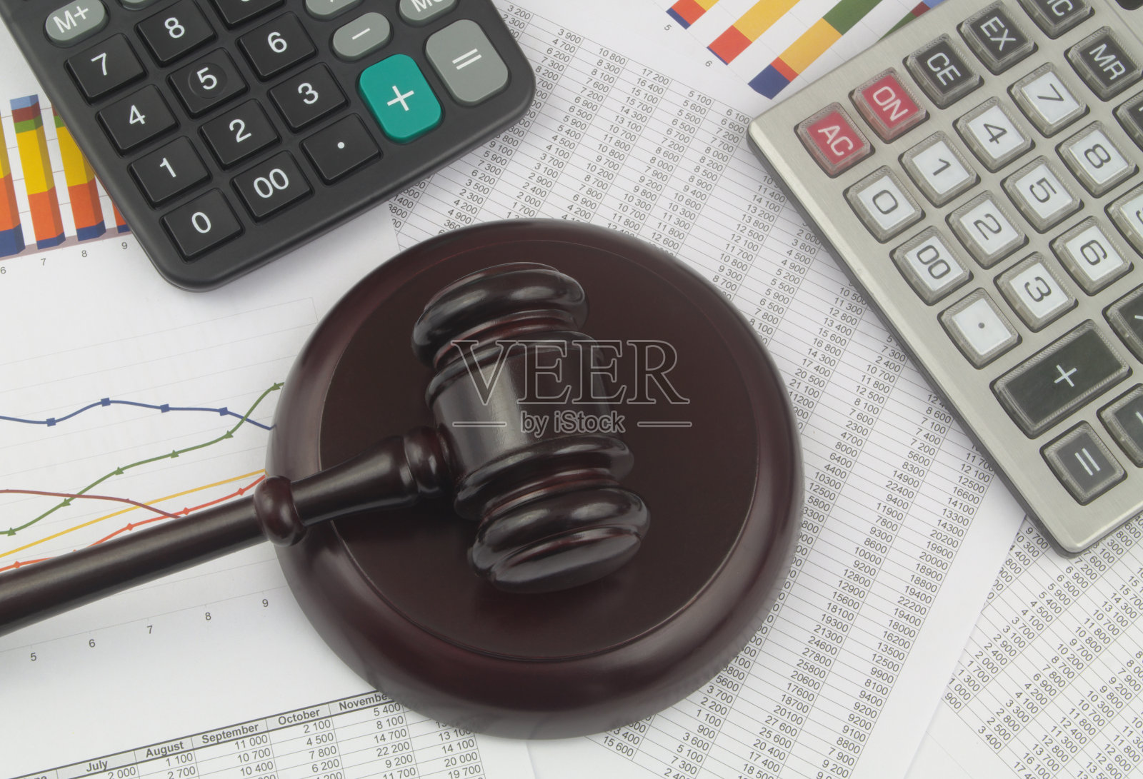 仲裁概念、木制法官木槌和财务文件计算器。照片摄影图片