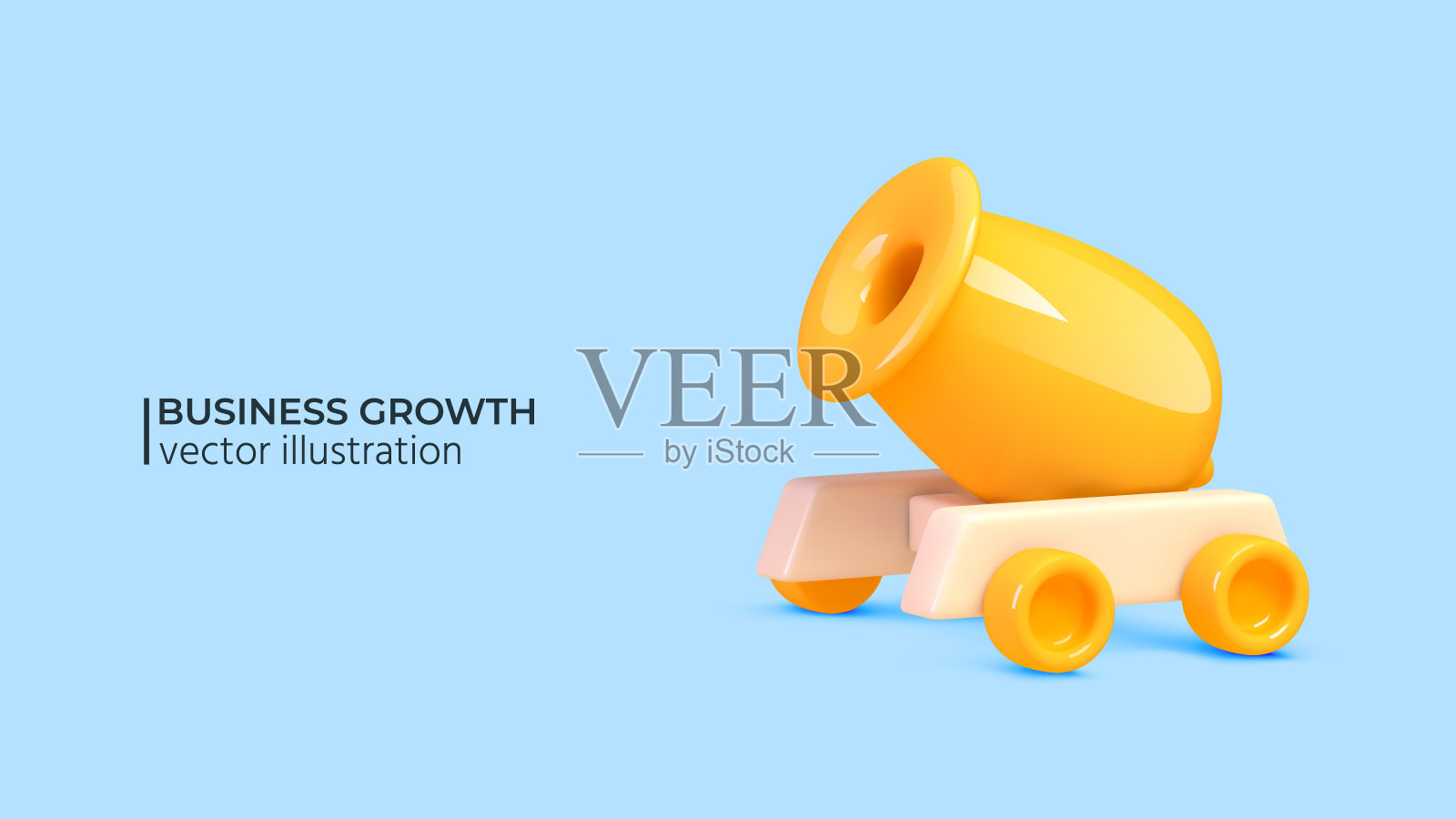 3D光泽逼真的卡通佳能在黄色浅蓝色背景。插画图片素材