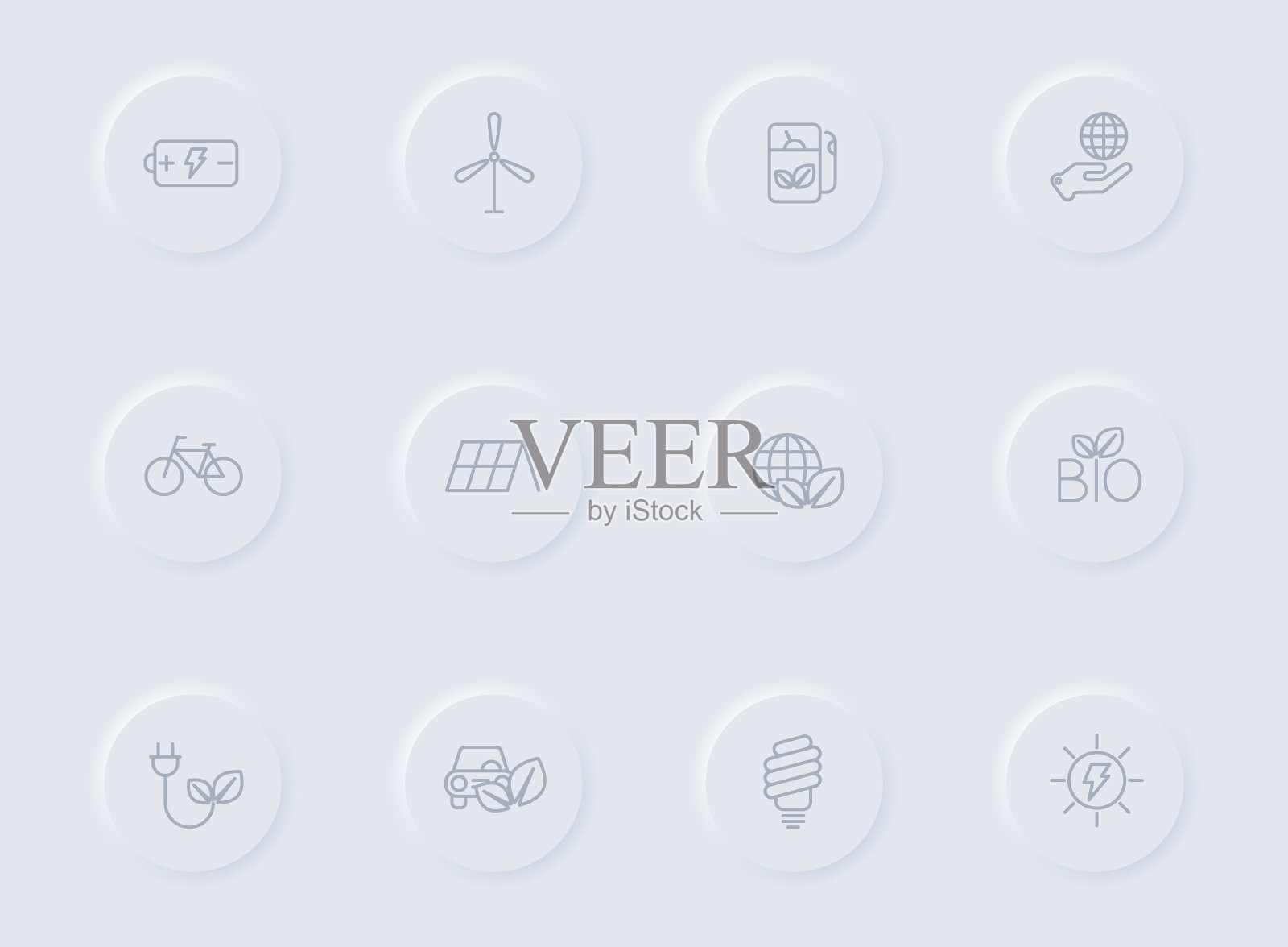 圆形橡胶按钮上的替代能源灰色矢量图标。可替代能源图标设置为web，移动应用程序，UI设计和促销业务测谎图标素材