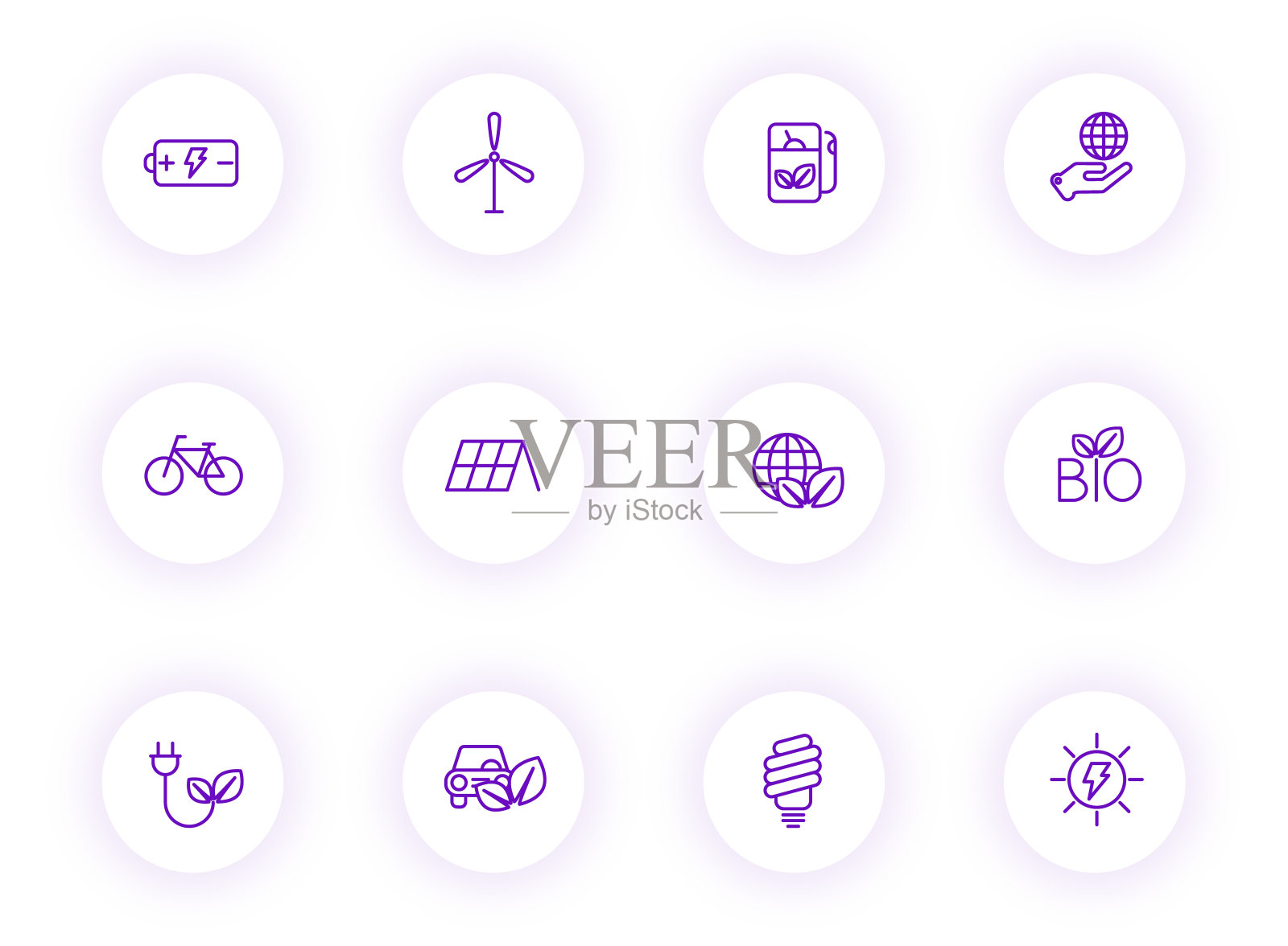 替代能源紫色轮廓矢量图标在光圆形按钮紫色阴影。可替代能源图标设置网页，移动应用程序，UI设计和打印图标素材