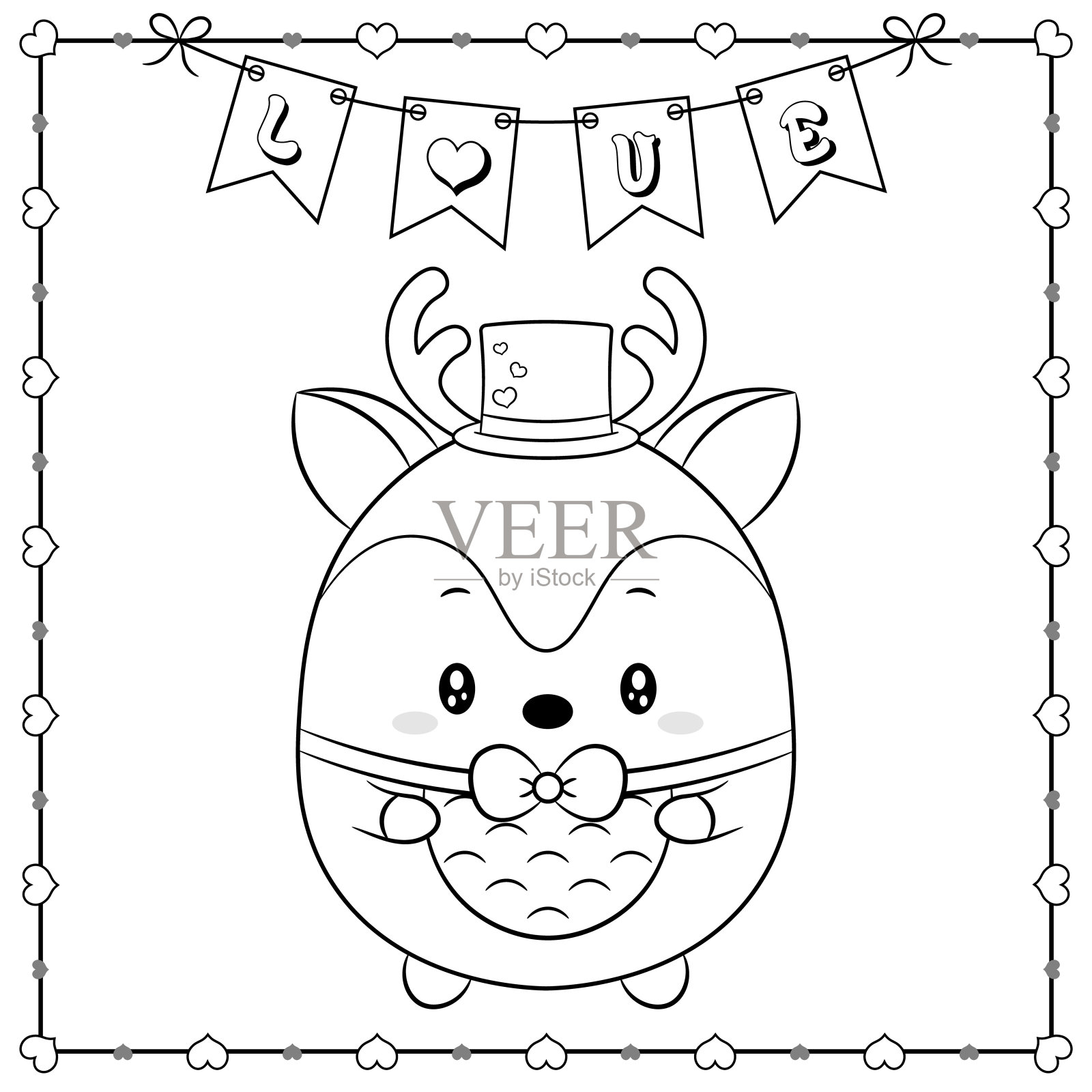 情人节可爱的驯鹿画素描上色插画图片素材