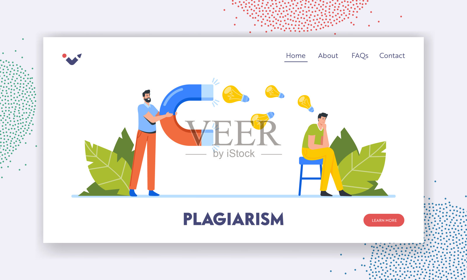 剽窃登陆页模板。海盗角色窃取人类的创意。盗贼盗版，吸引灯泡插画图片素材