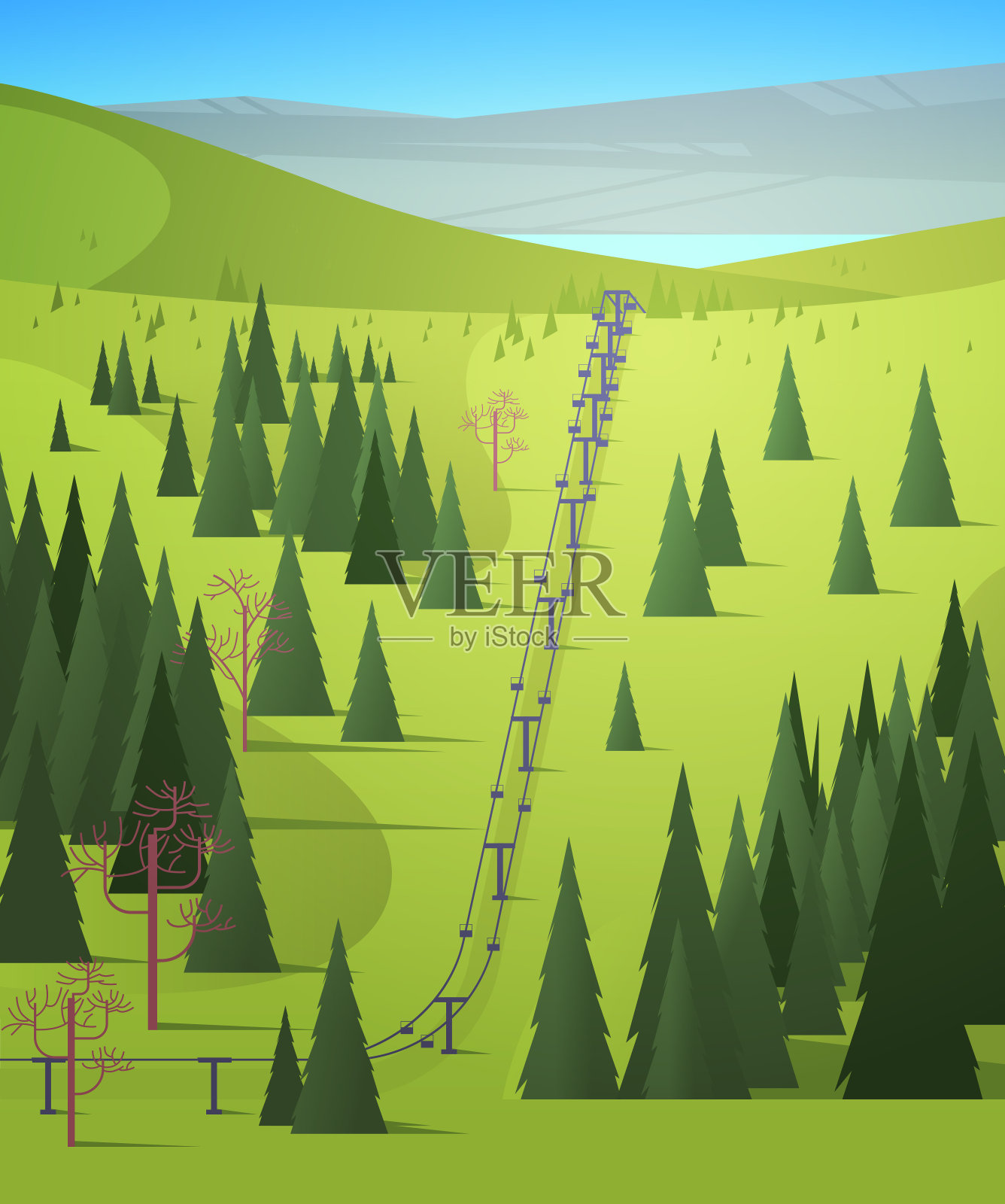 山上有索道，绿草如茵，松树和冷杉，滑雪场在春夏季度假概念优美的景观插画图片素材