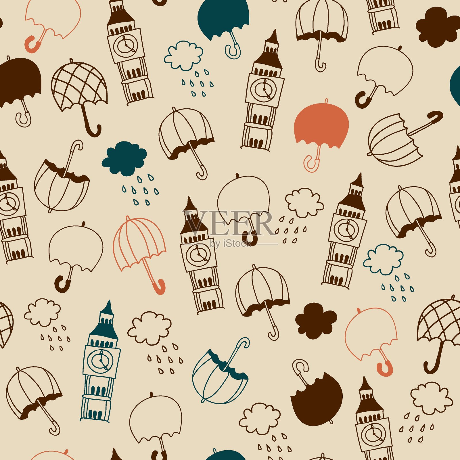 手绘的伦敦无缝矢量模式与大本钟和雨伞插画图片素材