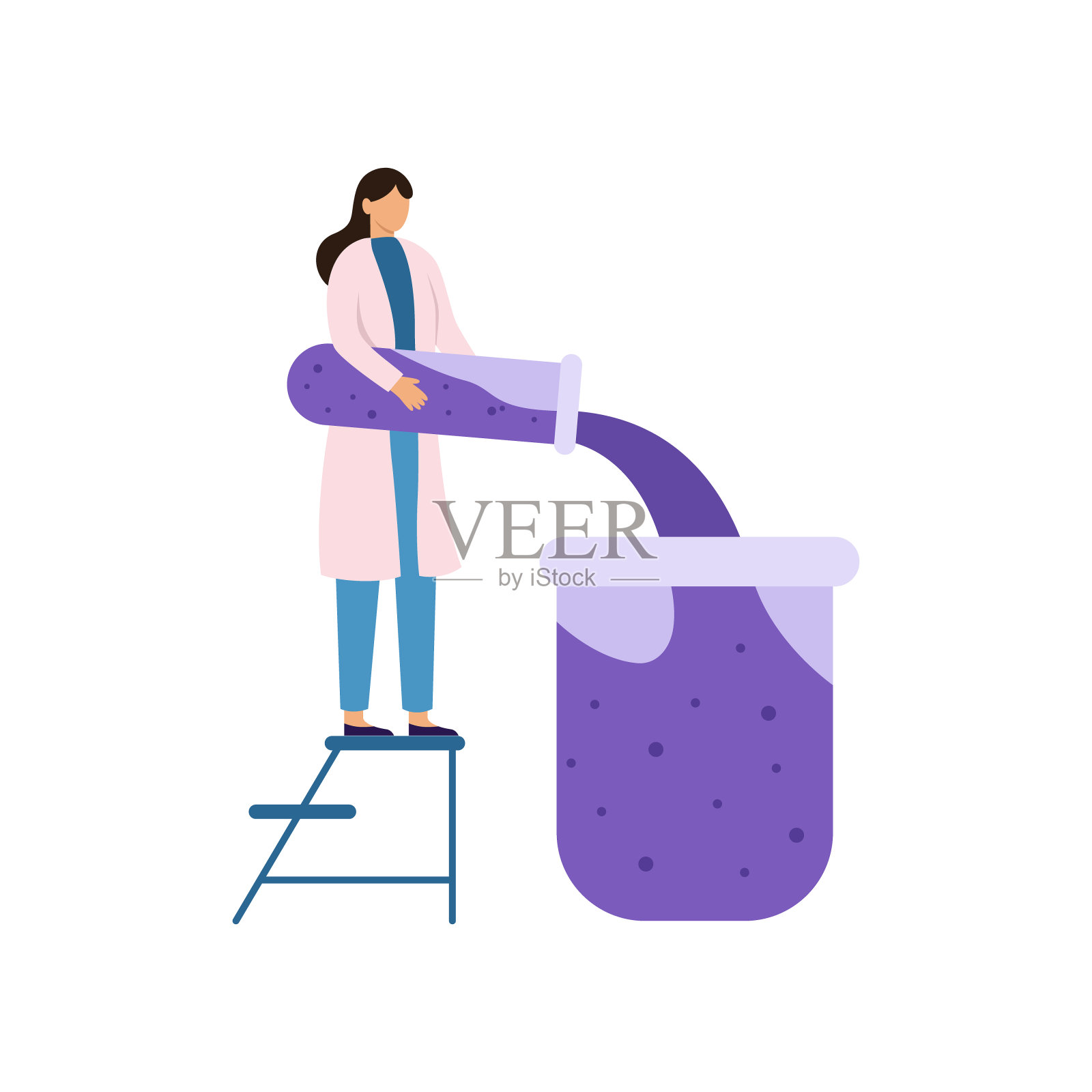 女科学家将试管液体倒入大烧瓶插画图片素材
