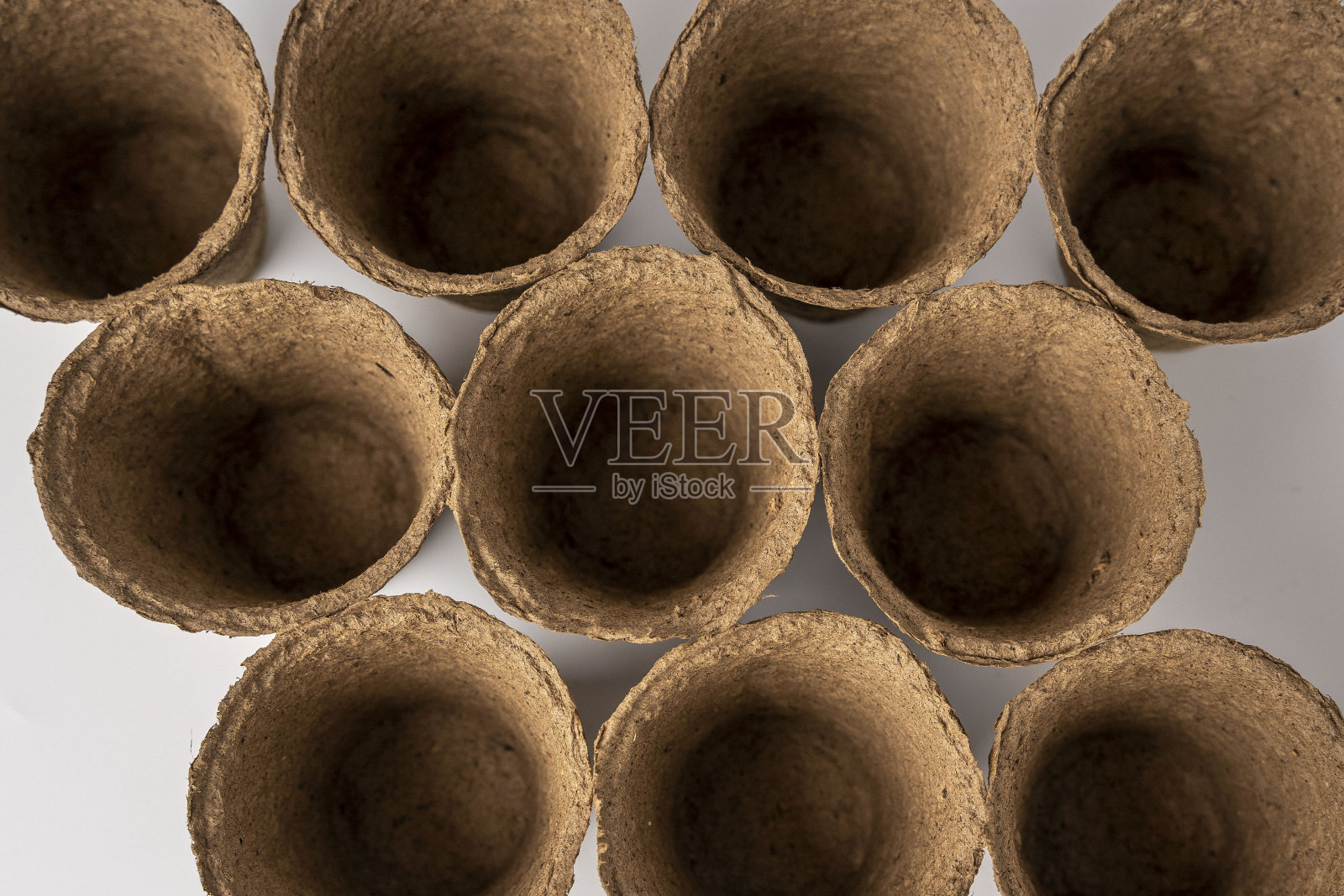 在白色的背景下，有几个空的泥炭花盆，一排排地摆放着秧苗。俯视图照片摄影图片