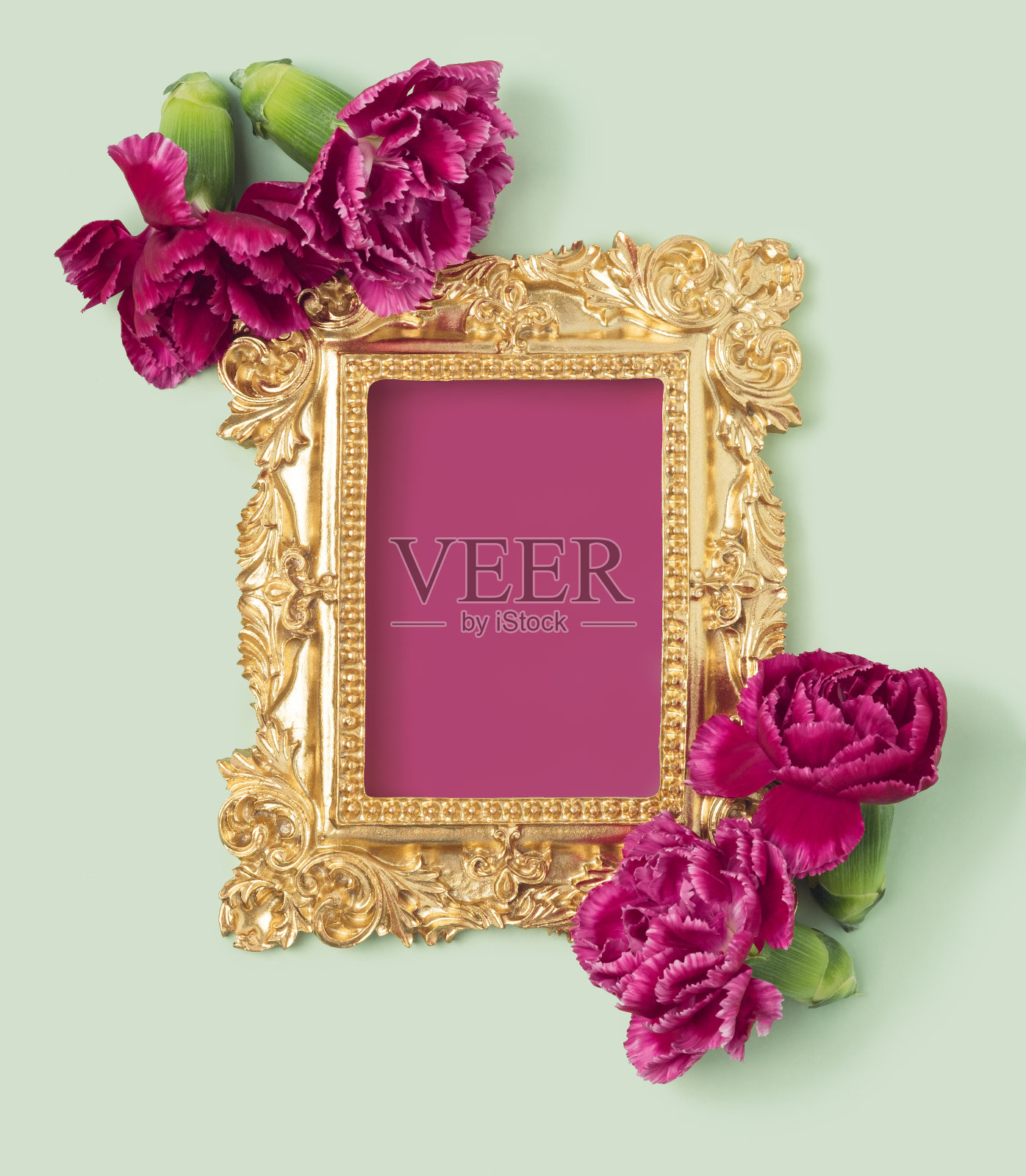 复古相框与紫色的花在一个柔和的绿色背景。照片摄影图片