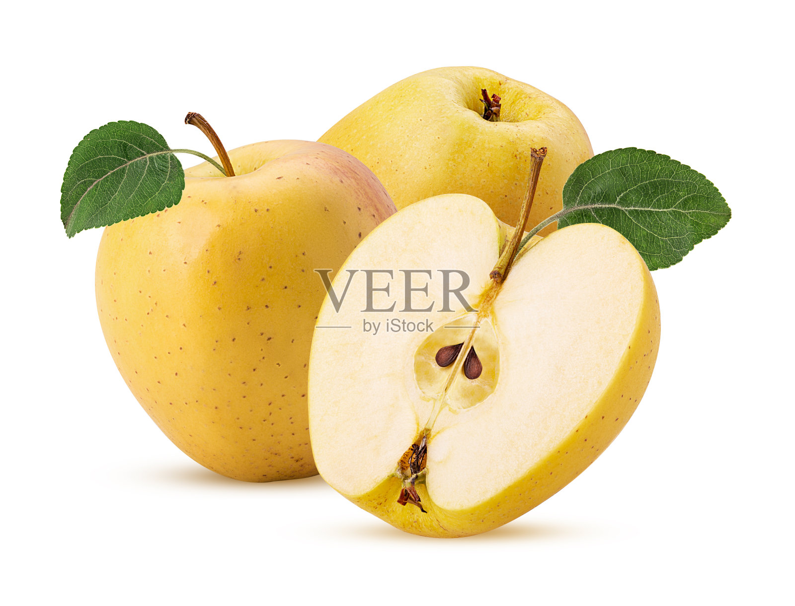 两个金苹果，美味，一个切成两半和绿叶照片摄影图片