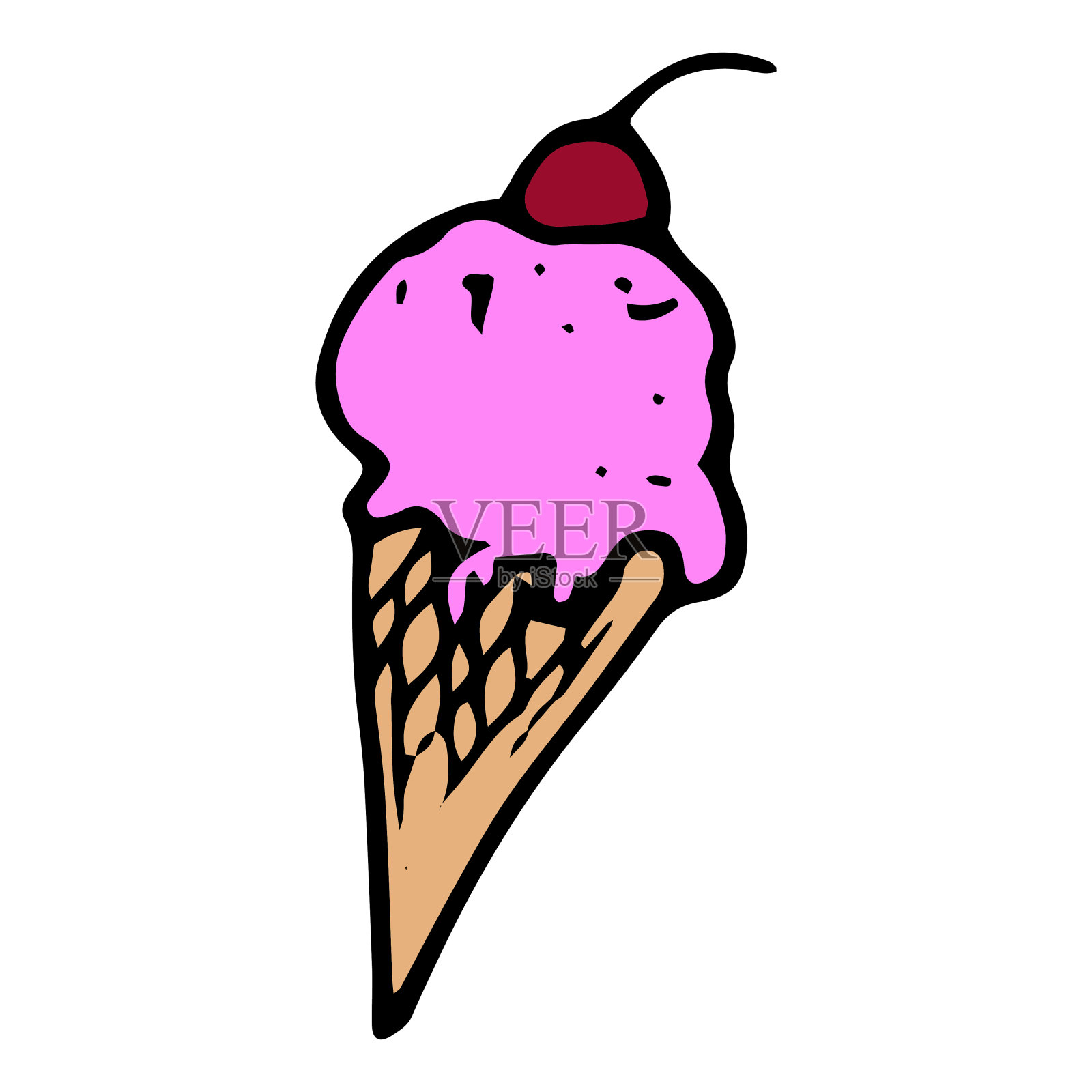 华夫蛋筒配粉色樱桃冰淇淋。樱桃莓冰淇淋，手绘涂鸦风格，黑色线条，粉色浆果奶油和白色的夏季设计模板，标识，菜单标签设计元素图片