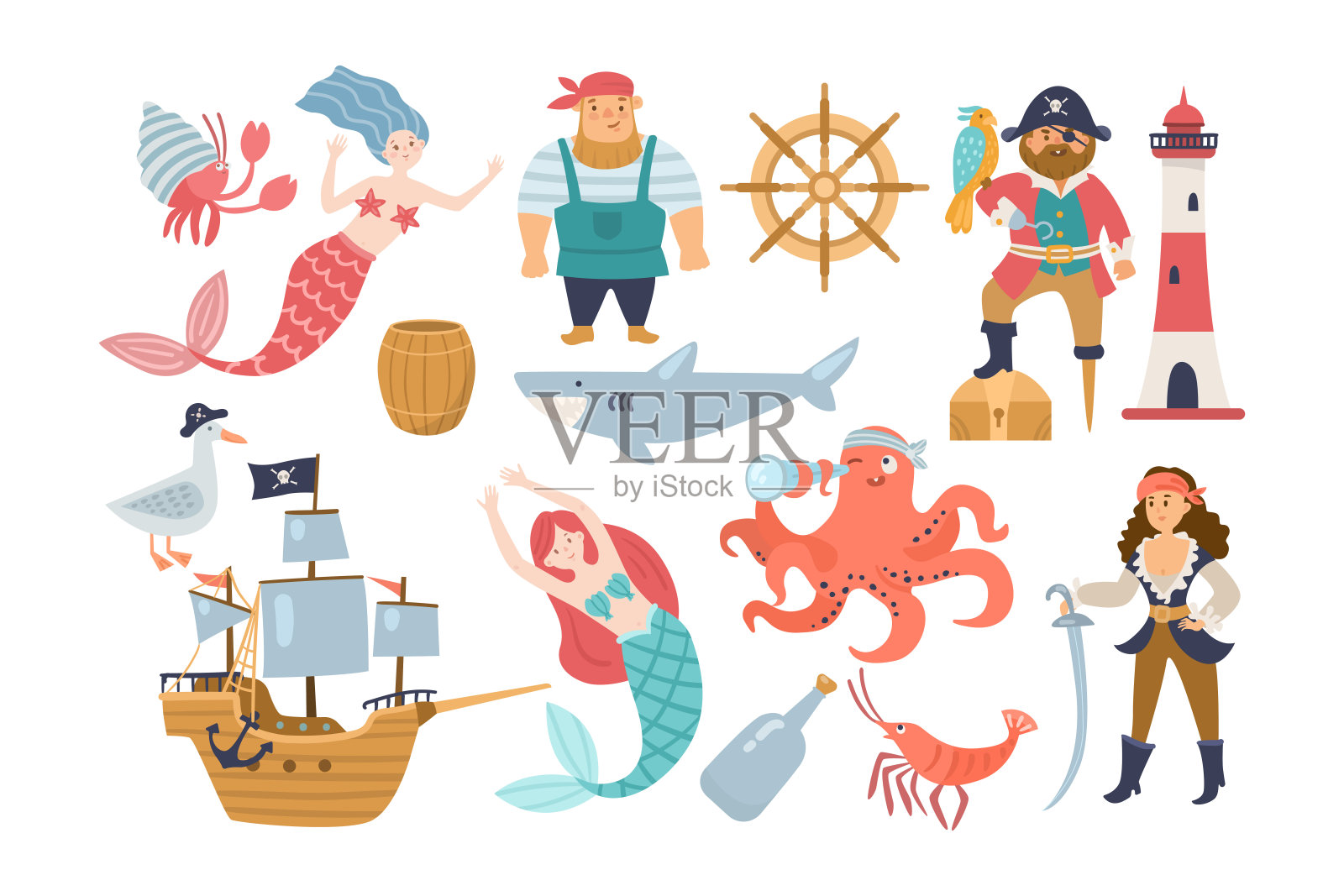 可爱的水下动物，海洋强盗卡通插图集插画图片素材