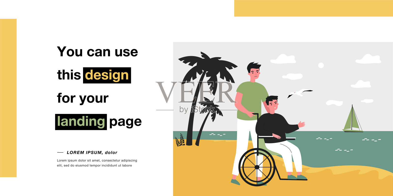 一个年轻人带着他的残疾朋友去海边插画图片素材