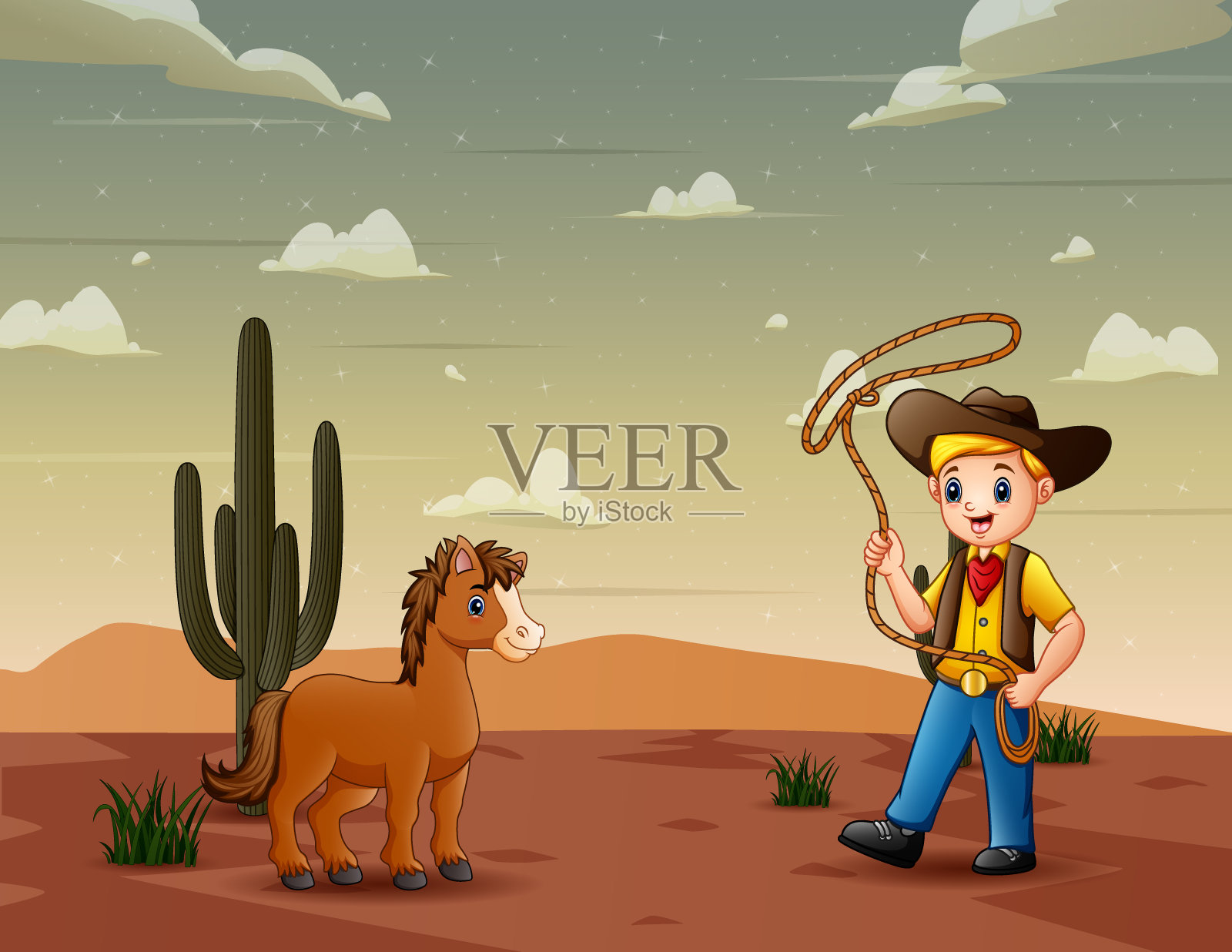 一个牛仔在沙漠里抓野马插画图片素材